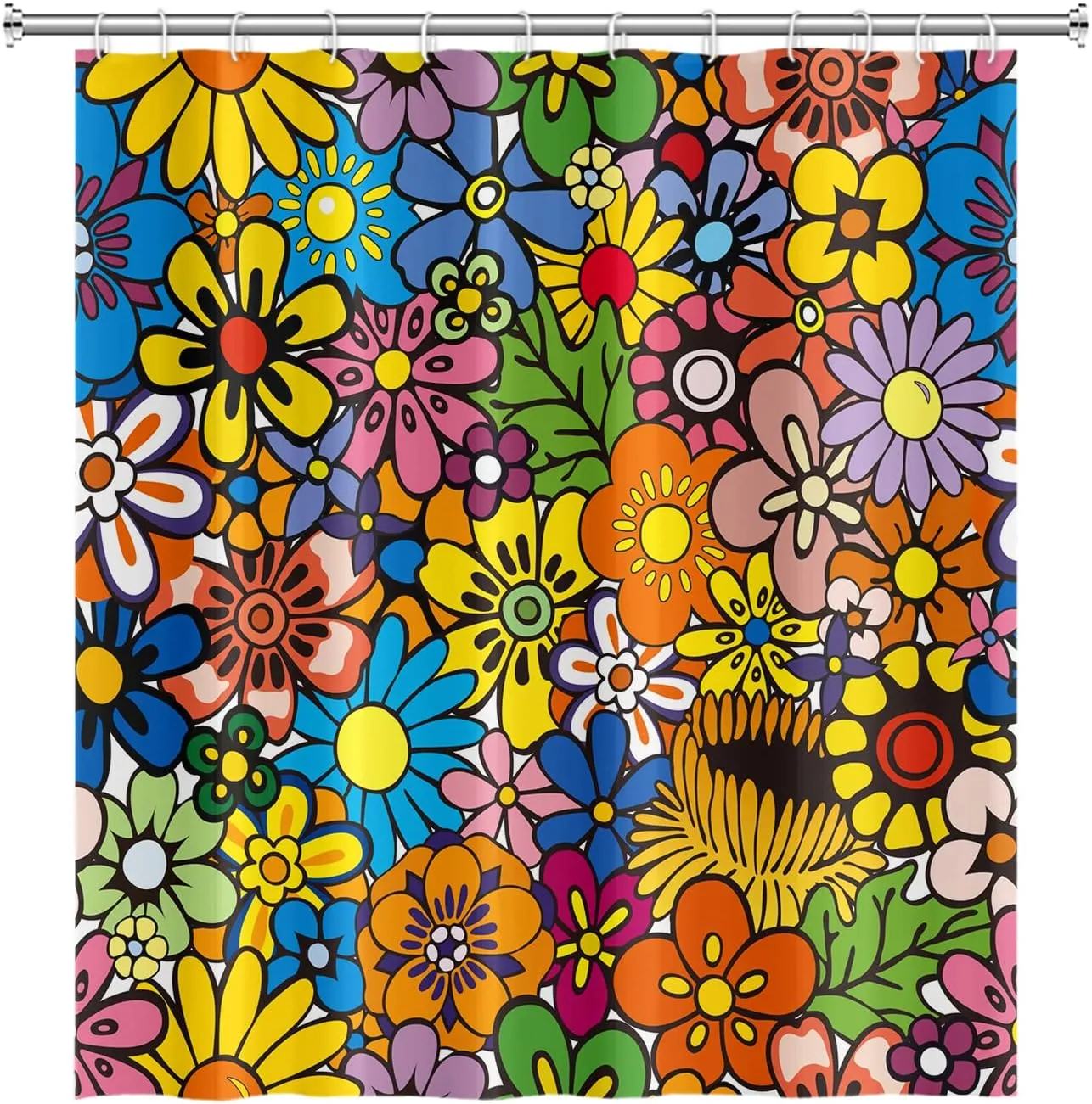 Bohemia Colorful Flowers Bathroom Shower Curtain Funky Retro Hippie 60s 70s Aesthetic Washable Polyester Durable Fabric Home Shower Curtain with Hooks, 72x72 Inch
