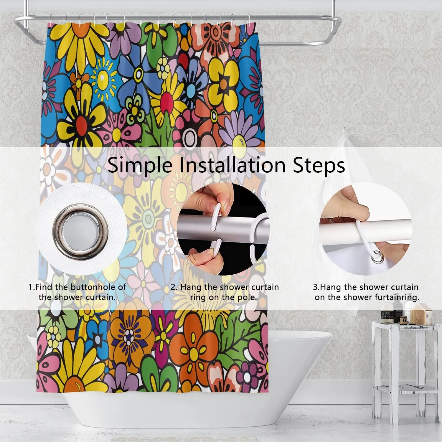 Bohemia Colorful Flowers Bathroom Shower Curtain Funky Retro Hippie 60s 70s Aesthetic Washable Polyester Durable Fabric Home Shower Curtain with Hooks, 72x72 Inch