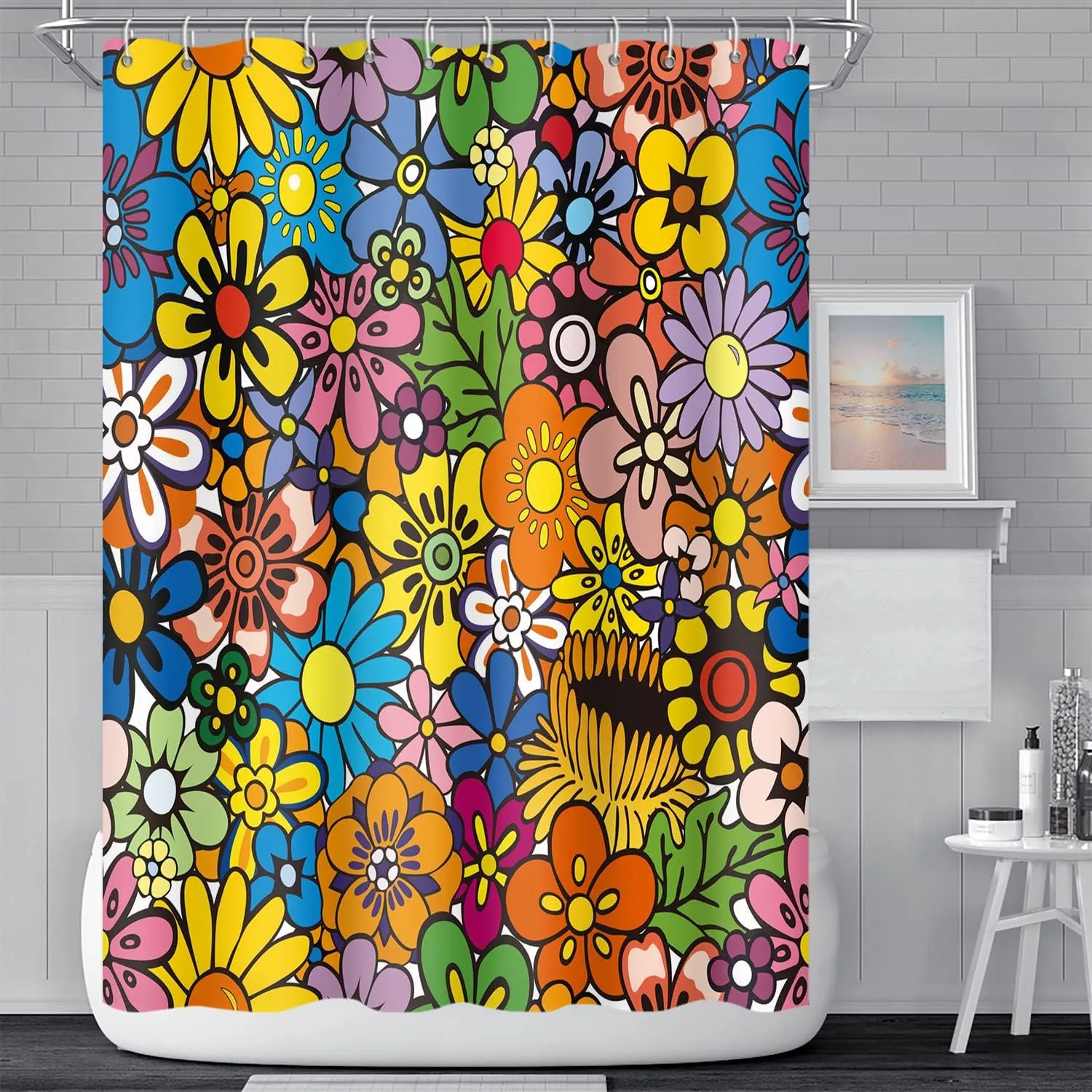 Bohemia Colorful Flowers Bathroom Shower Curtain Funky Retro Hippie 60s 70s Aesthetic Washable Polyester Durable Fabric Home Shower Curtain with Hooks, 72x72 Inch