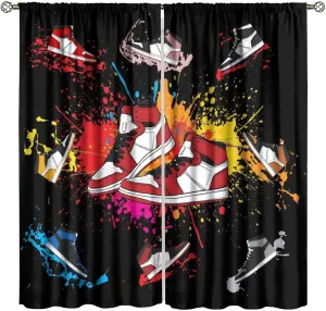 Boys Sports Curtains Sneaker Shoes Aesthetic Cool Colorful Graffiti Bedroom Window Drapes for Teen Kids Printed Living Room Window Treatment Fabric 2 Panels 72Wx63H Inch Decor