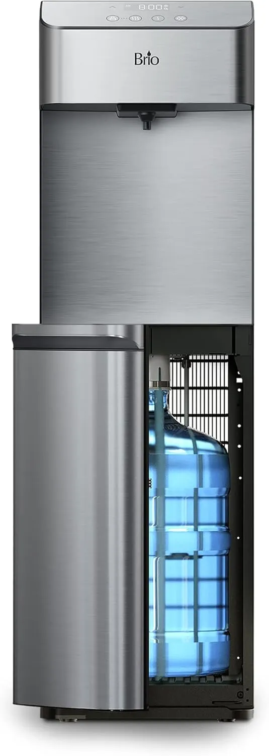 Brio Moderna CLBL730SC Self-Cleaning Bottom Load Water Cooler Dispenser for 3 & 5 Gallon Bottles – Tri-Temp w/Fast-Dispense, 11.5" Dispense Height, 24/7 Illuminated Display, Silver Stainless Steel