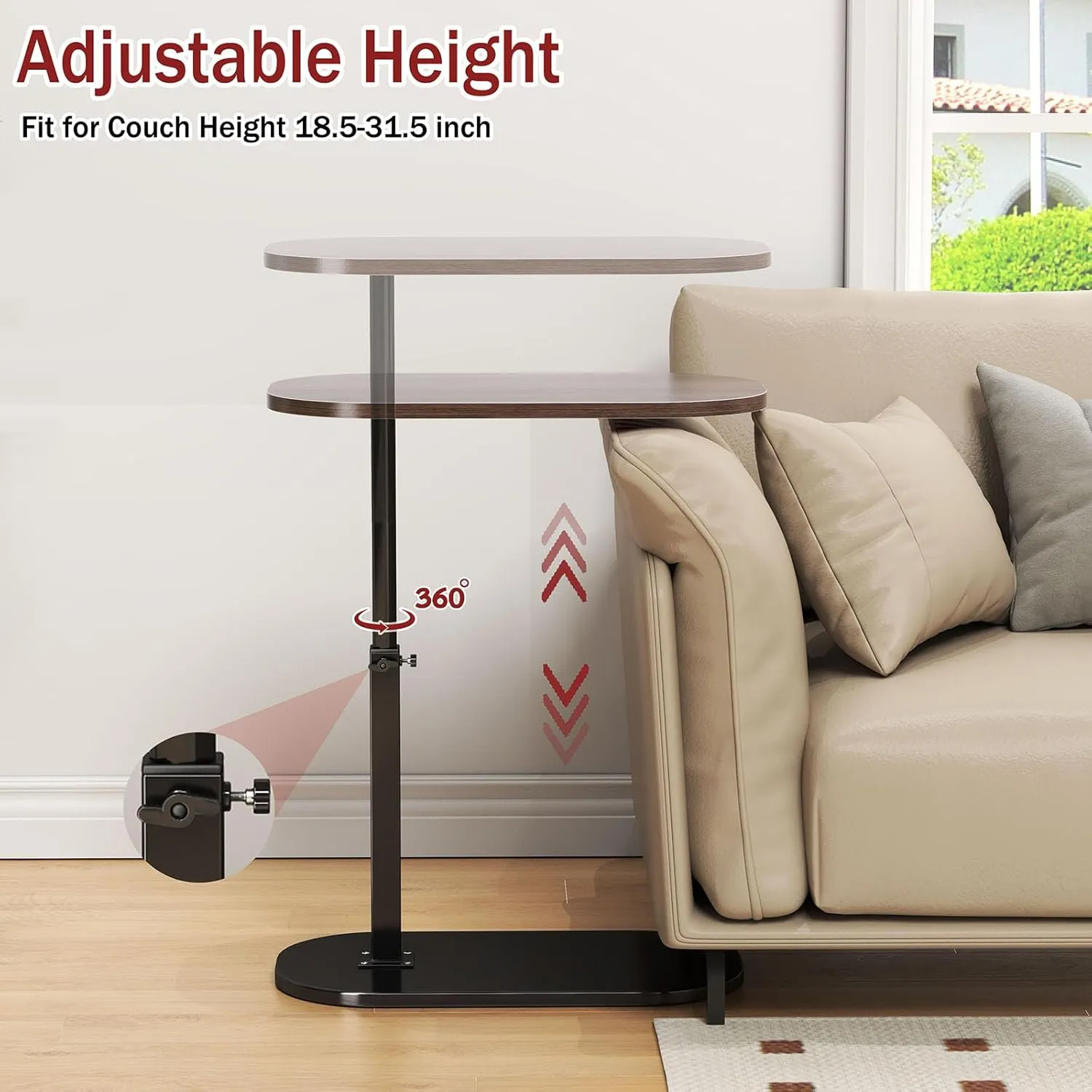 C Shaped End Table Adjustable Height,360°Swivel Couch Arm Table,Small Side Table for Small Spaces,Couch Tables That Slide Under for Sofa, Bed, Lounge Chair,Walnut