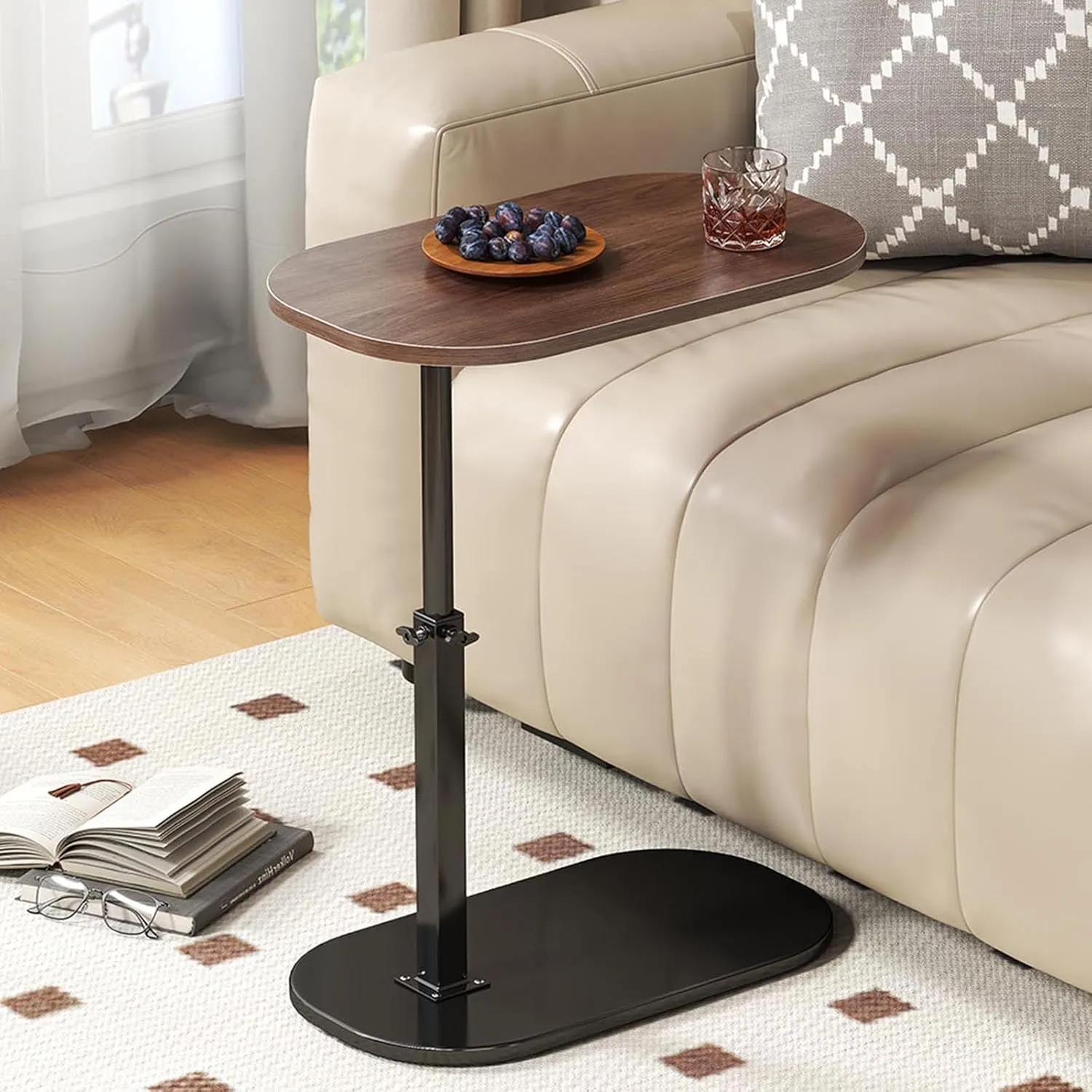 C Shaped End Table Adjustable Height,360°Swivel Couch Arm Table,Small Side Table for Small Spaces,Couch Tables That Slide Under for Sofa, Bed, Lounge Chair,Walnut