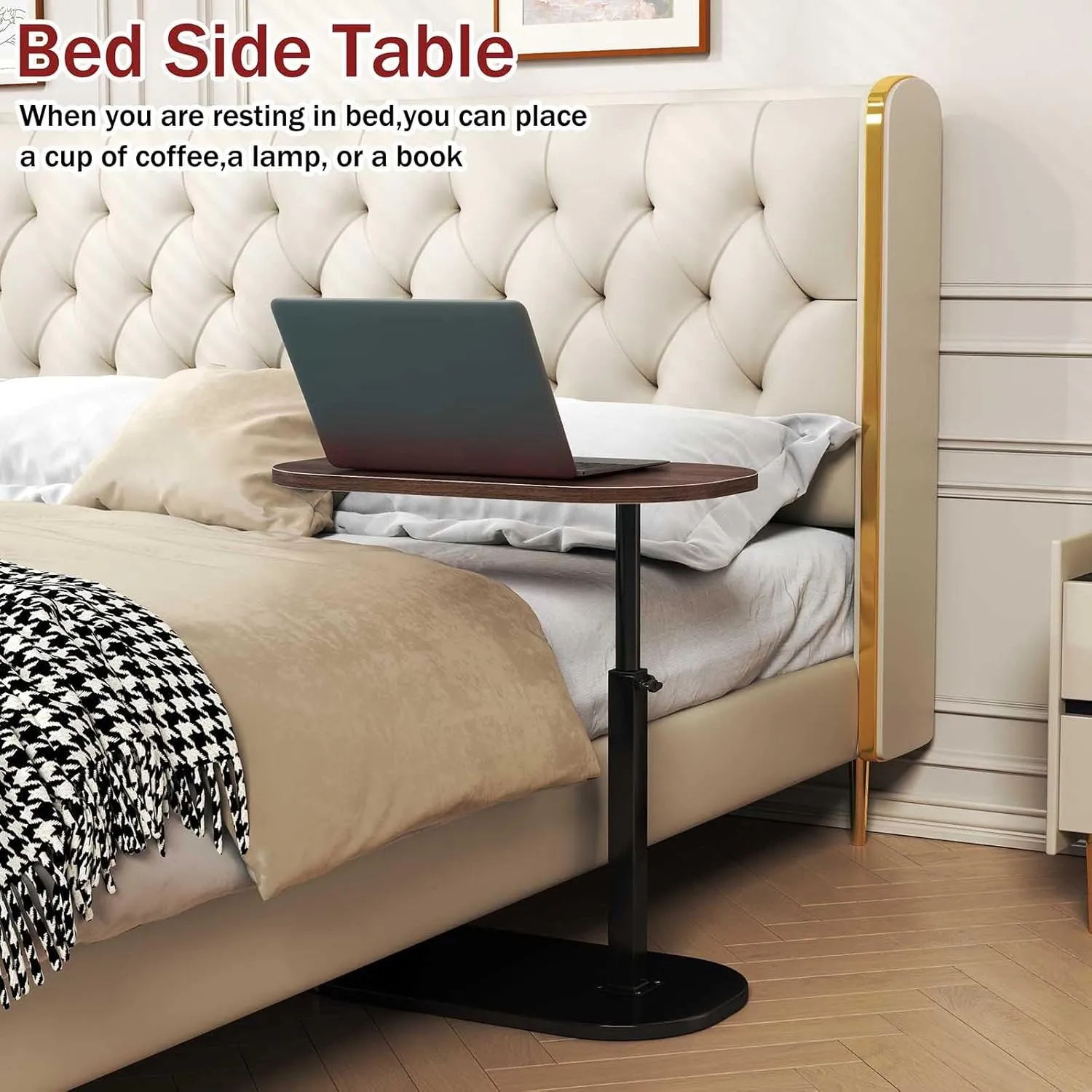 C Shaped End Table Adjustable Height,360°Swivel Couch Arm Table,Small Side Table for Small Spaces,Couch Tables That Slide Under for Sofa, Bed, Lounge Chair,Walnut