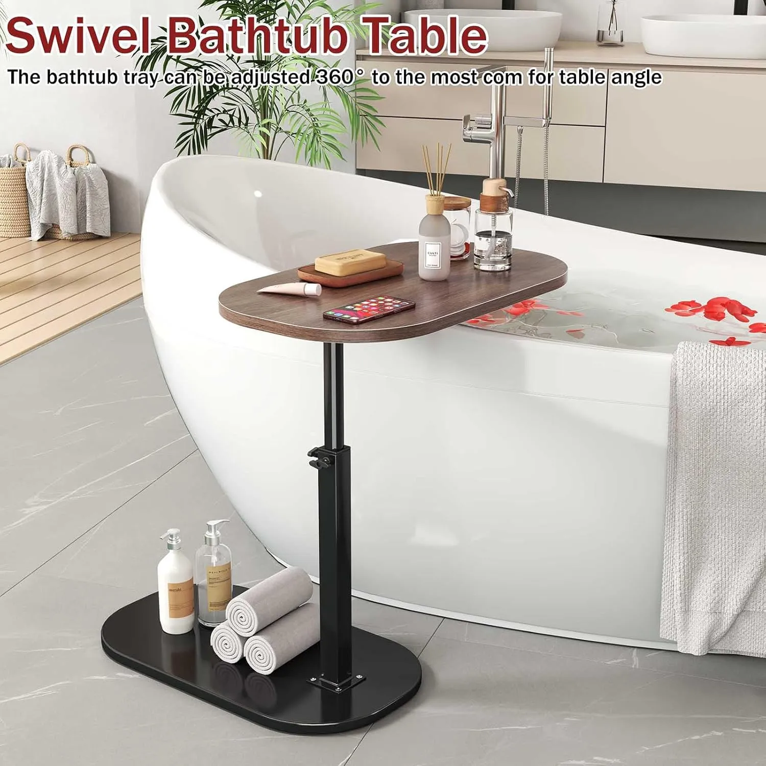 C Shaped End Table Adjustable Height,360°Swivel Couch Arm Table,Small Side Table for Small Spaces,Couch Tables That Slide Under for Sofa, Bed, Lounge Chair,Walnut