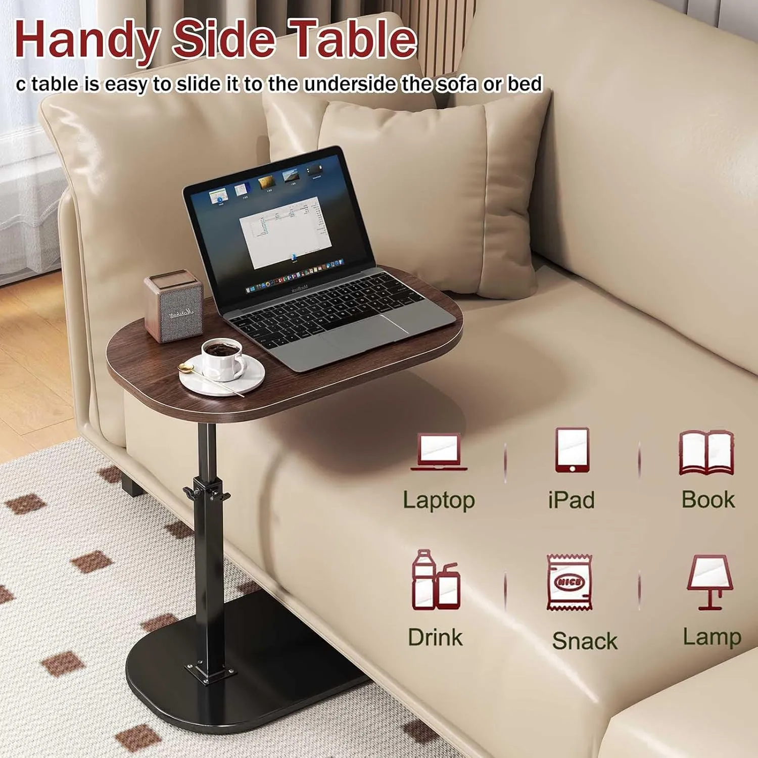 C Shaped End Table Adjustable Height,360°Swivel Couch Arm Table,Small Side Table for Small Spaces,Couch Tables That Slide Under for Sofa, Bed, Lounge Chair,Walnut