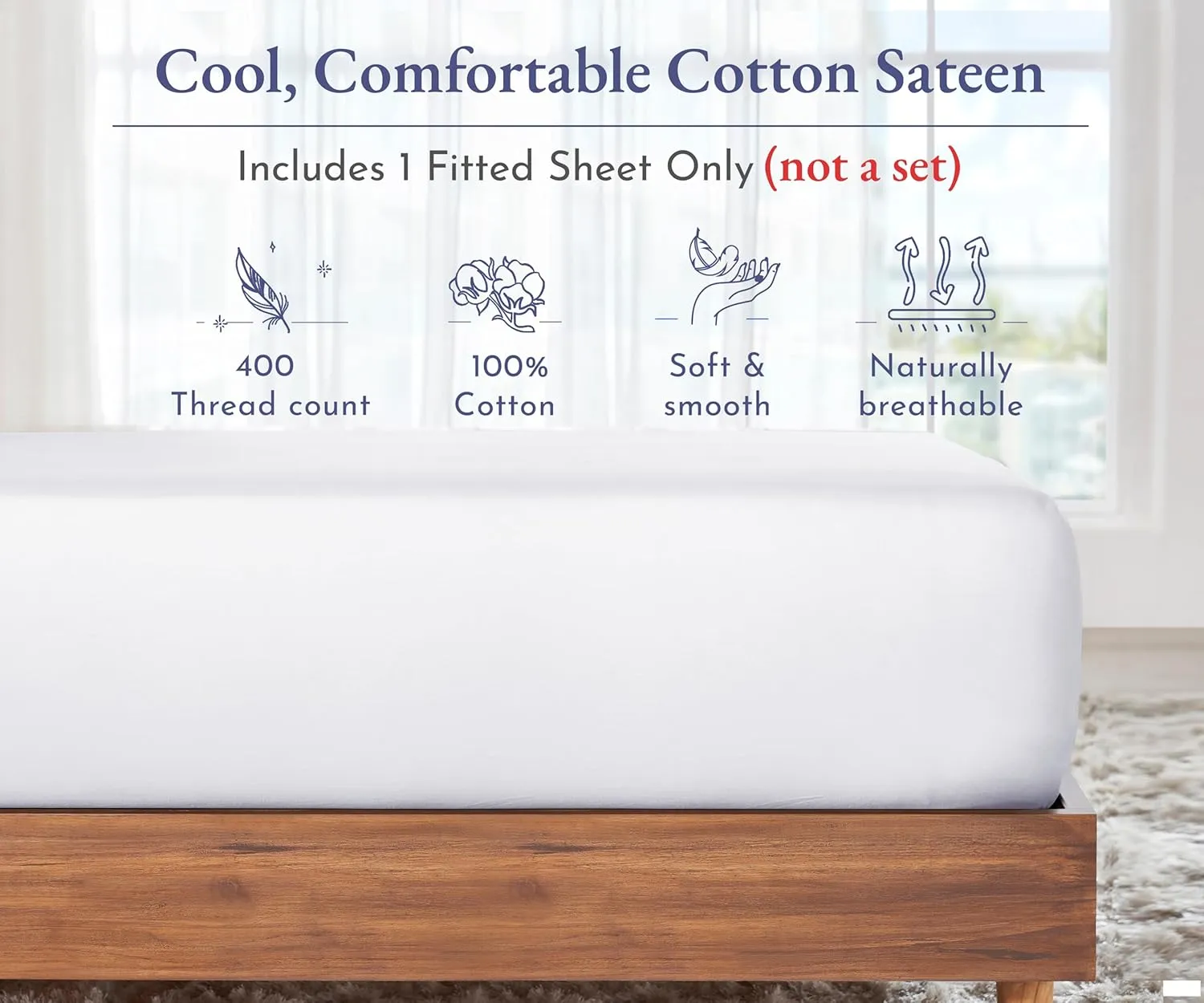 California Design Den Queen Fitted Sheet Only - 100% Cotton 400 Thread Count Sateen, Deep Pocket Fitted Sheet Queen, No-Pop Off Elastic - White