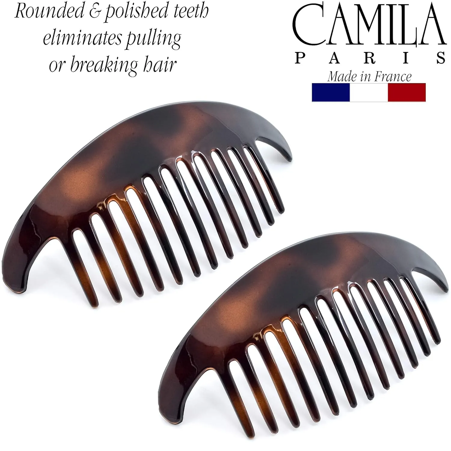 Camila Paris CP2430 4 Piece French Hair Side Combs, Tortoise Shell, Interlocking Combs French Twist Hair Combs, Strong Hold Hair Clips for Women Bun Chignon Up-Do Girls Hair Accessories Made in France
