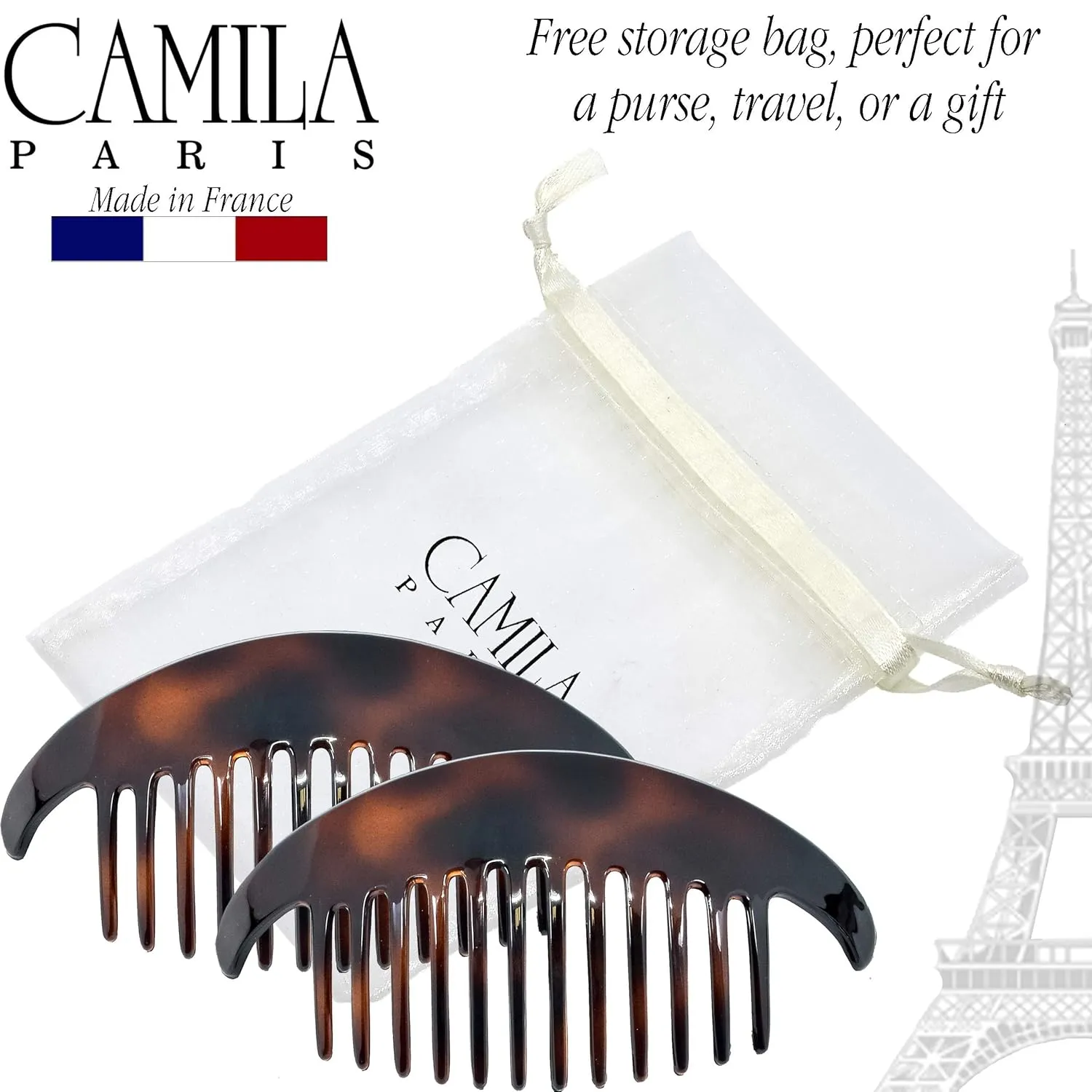 Camila Paris CP2430 4 Piece French Hair Side Combs, Tortoise Shell, Interlocking Combs French Twist Hair Combs, Strong Hold Hair Clips for Women Bun Chignon Up-Do Girls Hair Accessories Made in France