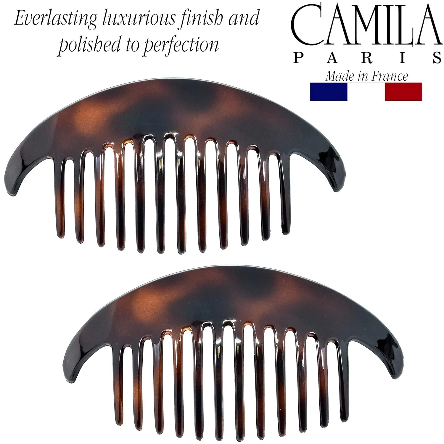 Camila Paris CP2430 4 Piece French Hair Side Combs, Tortoise Shell, Interlocking Combs French Twist Hair Combs, Strong Hold Hair Clips for Women Bun Chignon Up-Do Girls Hair Accessories Made in France