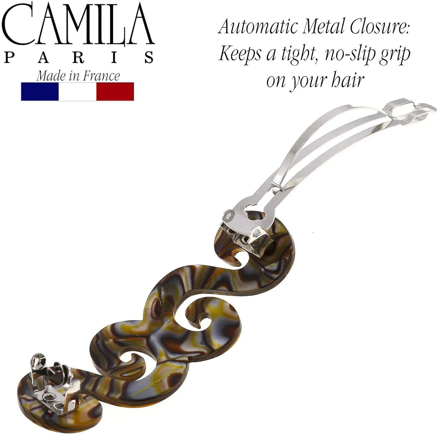 Camila Paris CP2485 French Hair Barrette Clip for Girls, Handmade, Onyx, Gold Metal Clasp Strong Hold Grip Hair Clips for Women, No Slip and Durable Styling Girls Hair Accessories, Made in France