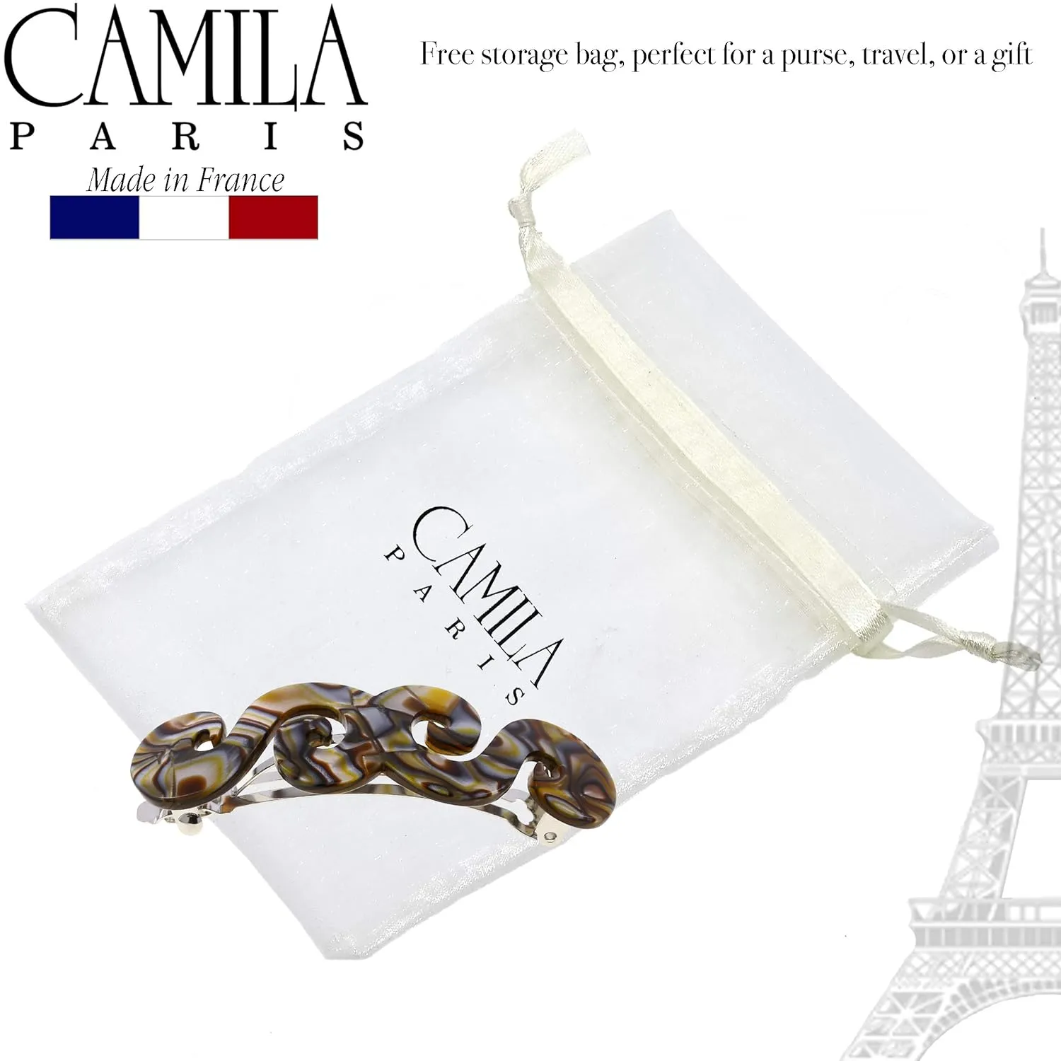 Camila Paris CP2485 French Hair Barrette Clip for Girls, Handmade, Onyx, Gold Metal Clasp Strong Hold Grip Hair Clips for Women, No Slip and Durable Styling Girls Hair Accessories, Made in France