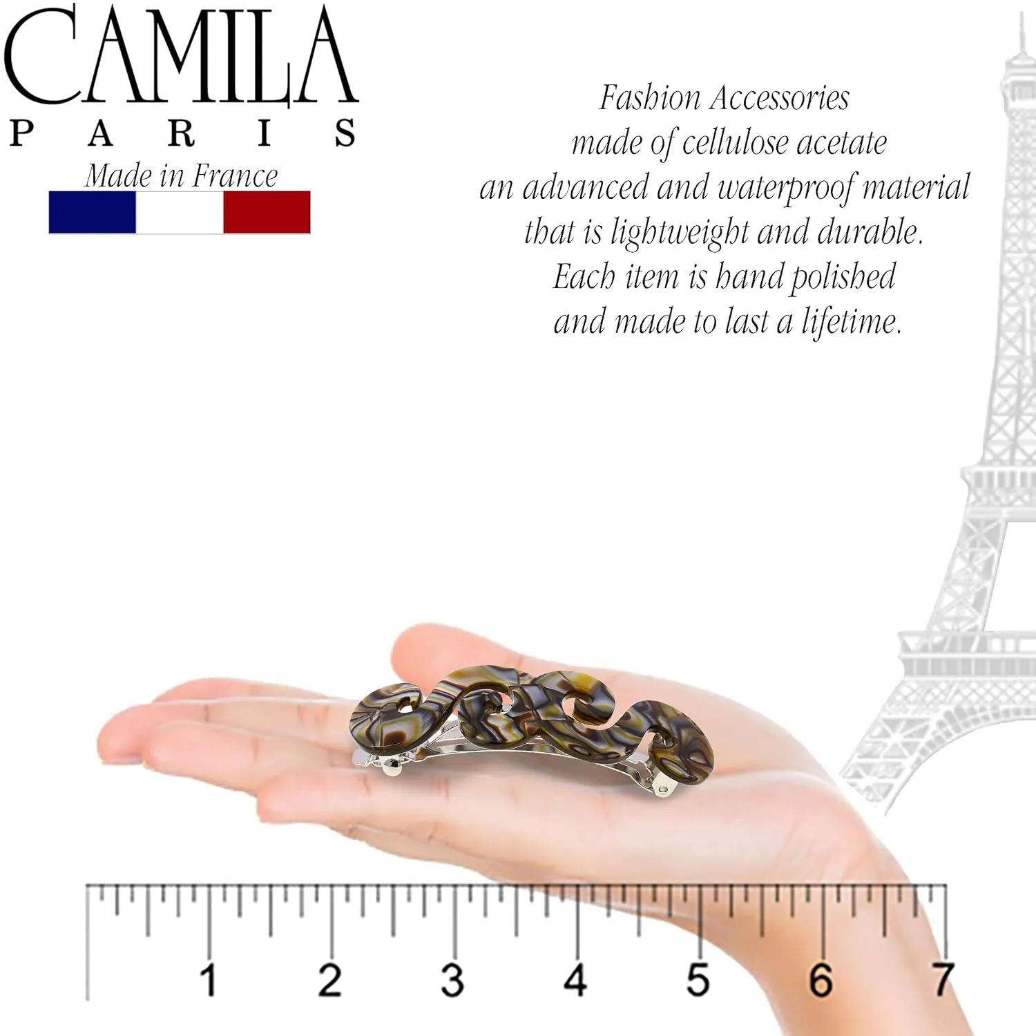 Camila Paris CP2485 French Hair Barrette Clip for Girls, Handmade, Onyx, Gold Metal Clasp Strong Hold Grip Hair Clips for Women, No Slip and Durable Styling Girls Hair Accessories, Made in France