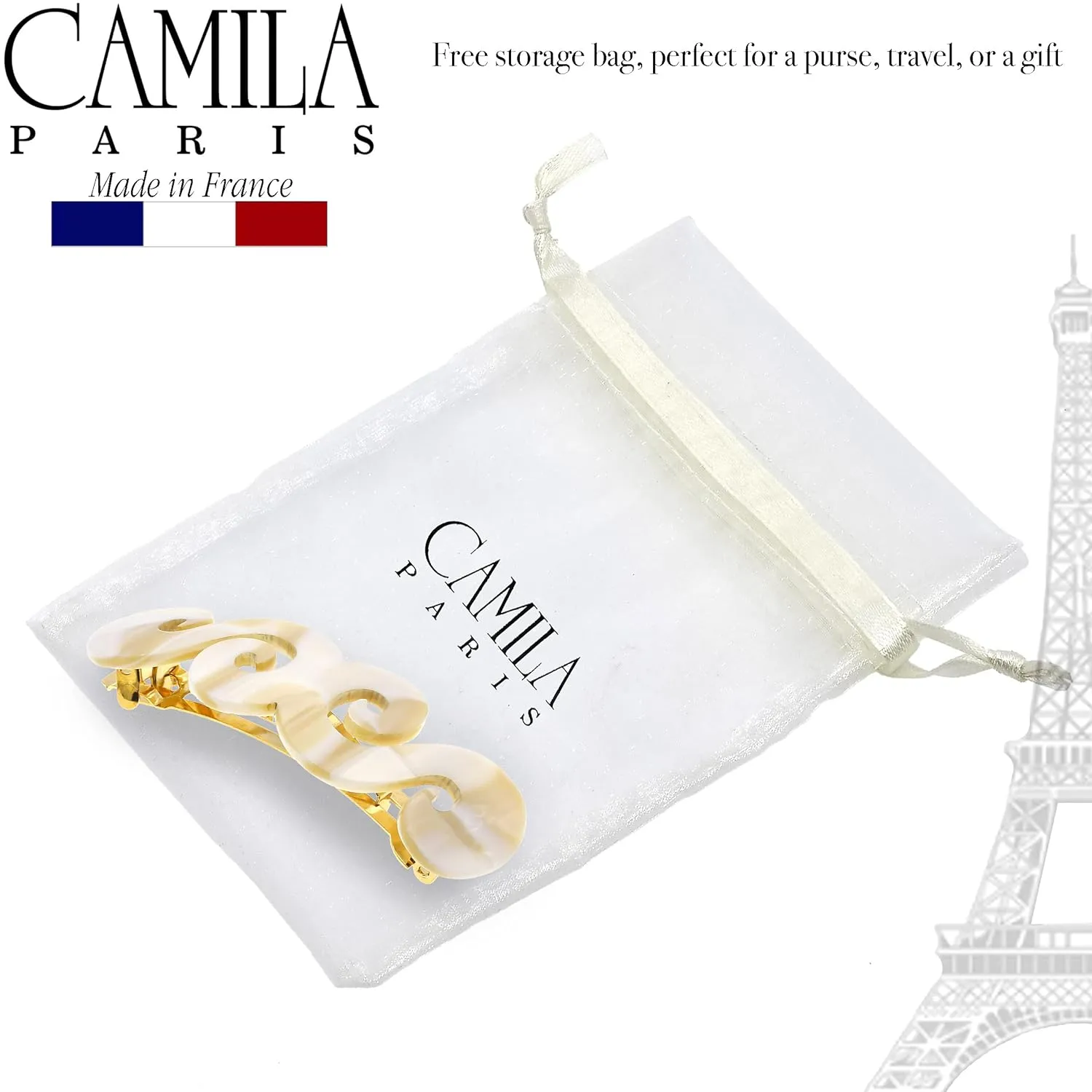 Camila Paris CP3169 French Hair Barrette Clip for Girls, Handmade, White, Gold Metal Clasp Strong Hold Grip Hair Clips for Women, No Slip and Durable Styling Girls Hair Accessories, Made in France
