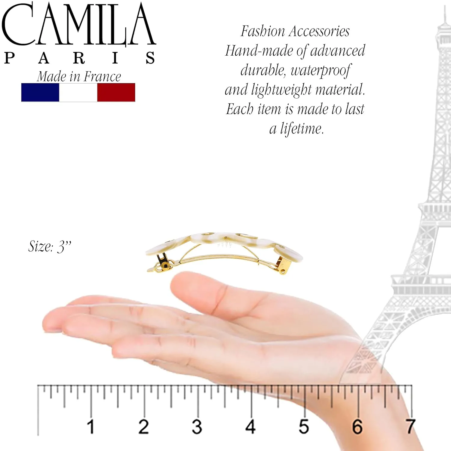 Camila Paris CP3169 French Hair Barrette Clip for Girls, Handmade, White, Gold Metal Clasp Strong Hold Grip Hair Clips for Women, No Slip and Durable Styling Girls Hair Accessories, Made in France