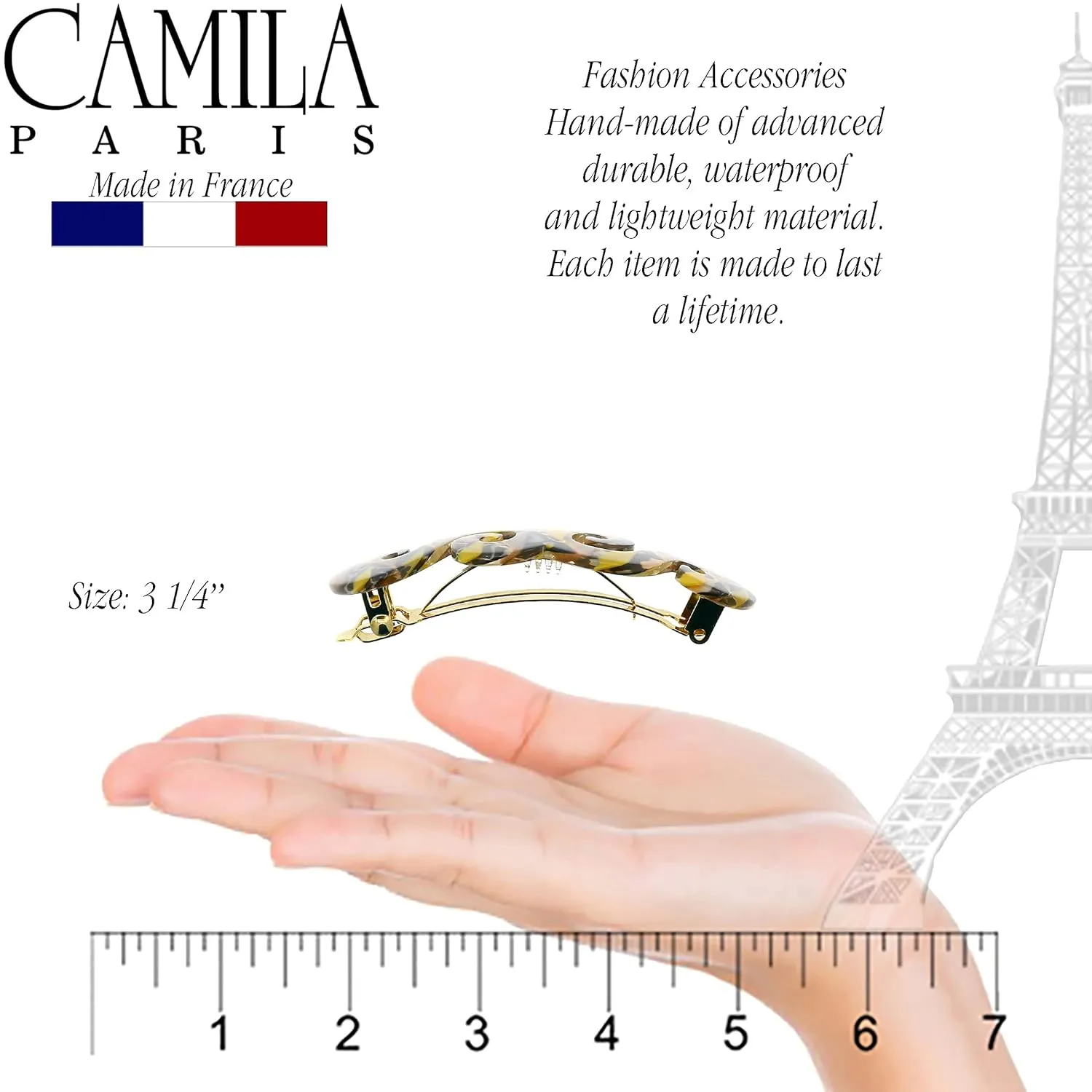 Camila Paris CP3171 French Hair Barrette Clip for Girls, Handmade, Mustard, Gold Metal Clasp Strong Hold Grip Hair Clips for Women, No Slip and Durable Styling Girls Hair Accessories, Made in France