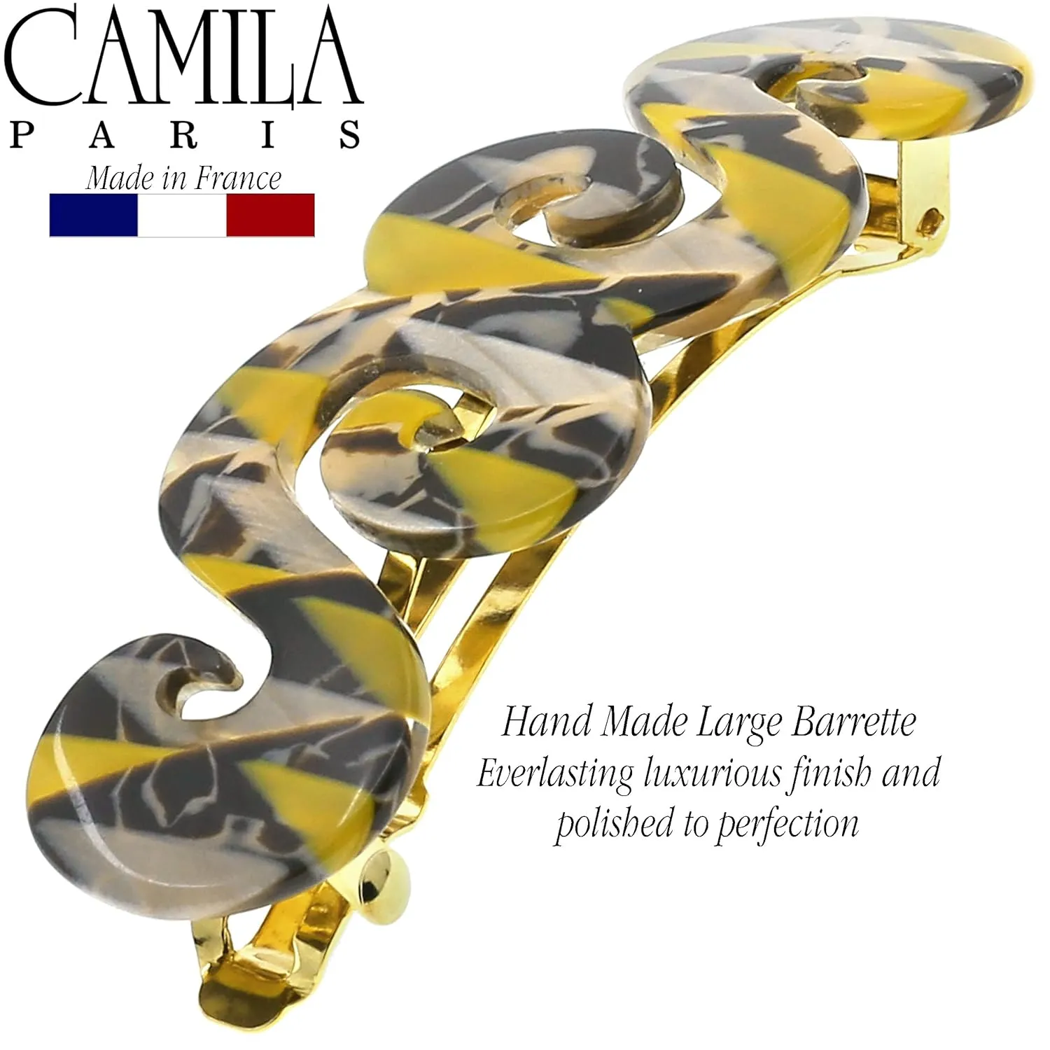 Camila Paris CP3171 French Hair Barrette Clip for Girls, Handmade, Mustard, Gold Metal Clasp Strong Hold Grip Hair Clips for Women, No Slip and Durable Styling Girls Hair Accessories, Made in France