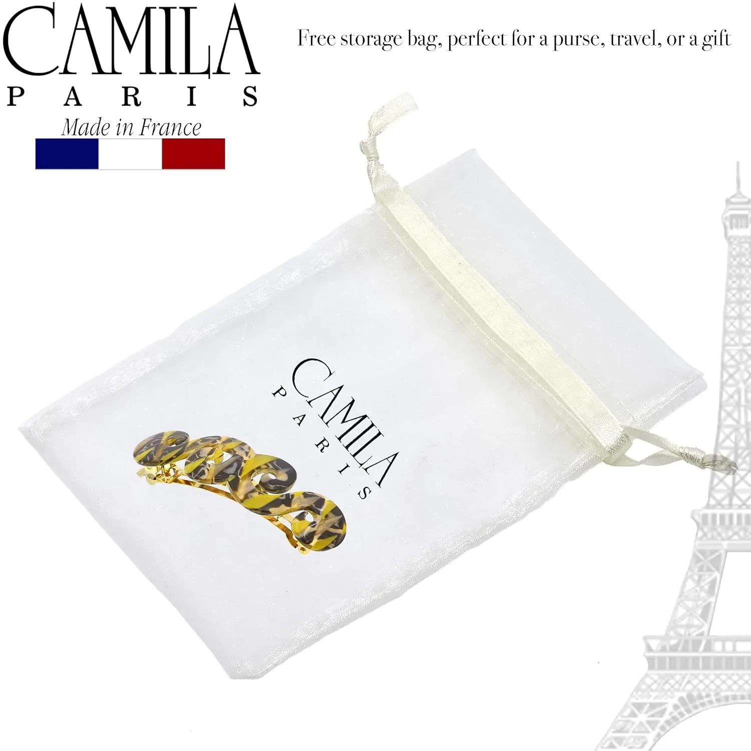 Camila Paris CP3171 French Hair Barrette Clip for Girls, Handmade, Mustard, Gold Metal Clasp Strong Hold Grip Hair Clips for Women, No Slip and Durable Styling Girls Hair Accessories, Made in France