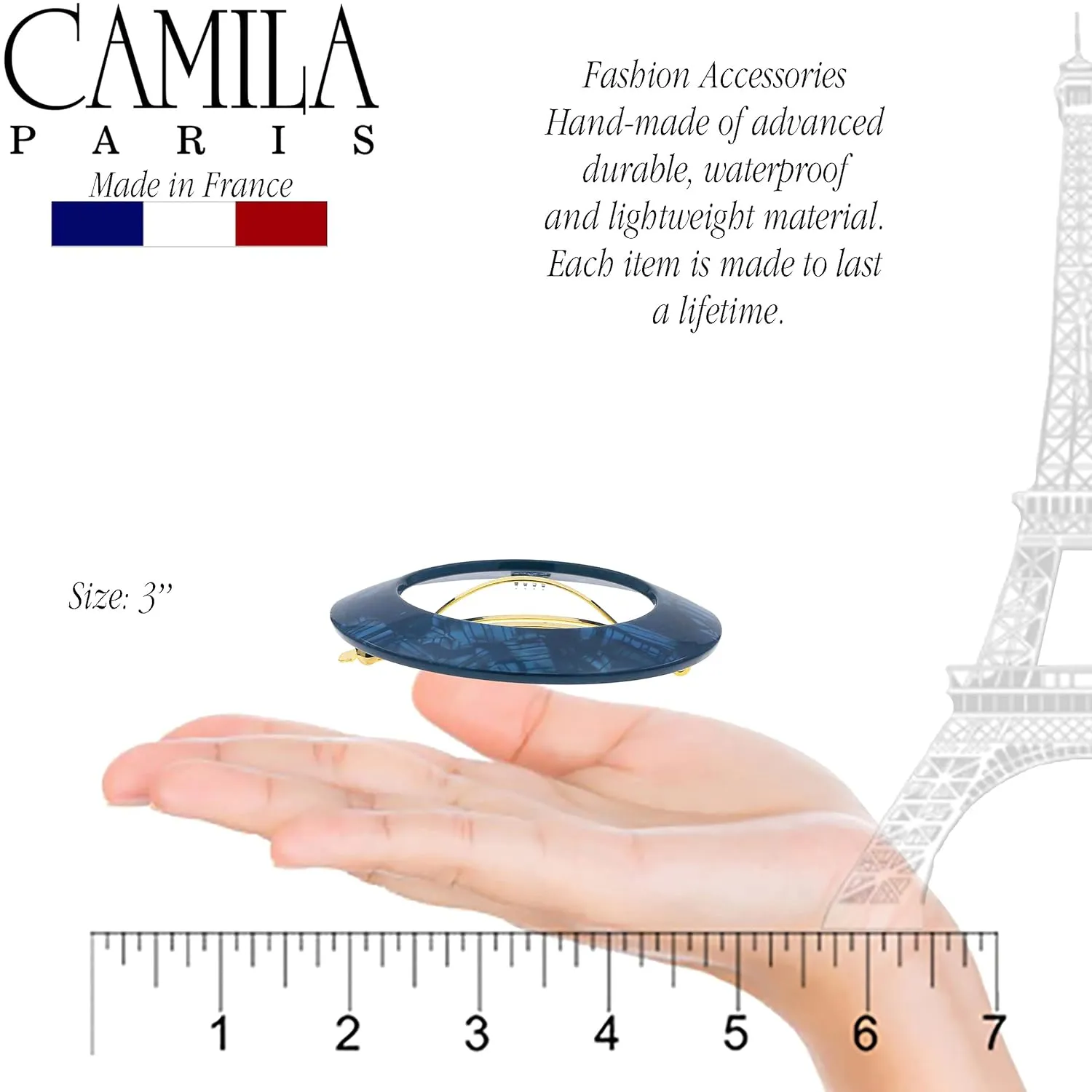 Camila Paris CP3257 French Hair Barrette Clip for Girls, Round Handmade Blue, Strong Hold Grip Hair Clips for Women, No Slip and Durable Styling Girls Hair Accessories, Made in France