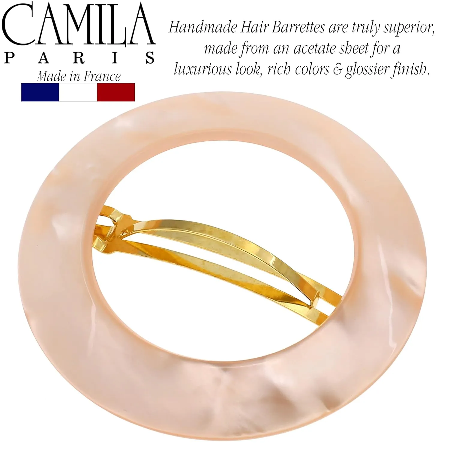 Camila Paris CP3258 French Hair Barrette Clip for Girls, Round Handmade Pink, Strong Hold Grip Hair Clips for Women, No Slip and Durable Styling Girls Hair Accessories, Made in France