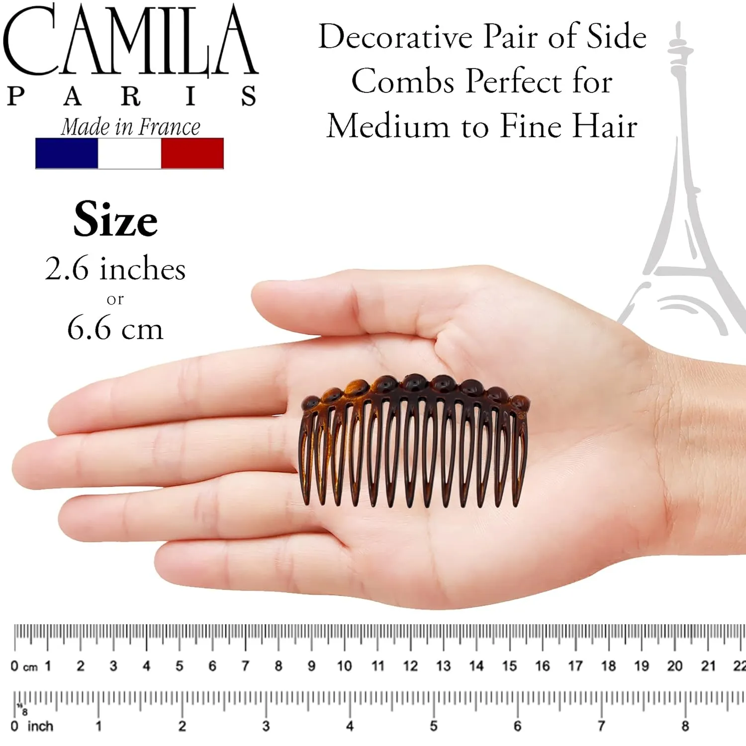 Camila Paris CP33/2 French Hair Side Comb Small Tortoise Shell French Twist Hair Combs Decorative, Strong Hold Hair Clips for Women Bun Chignon Up-Do Styling Girls Hair Accessories, Made in France