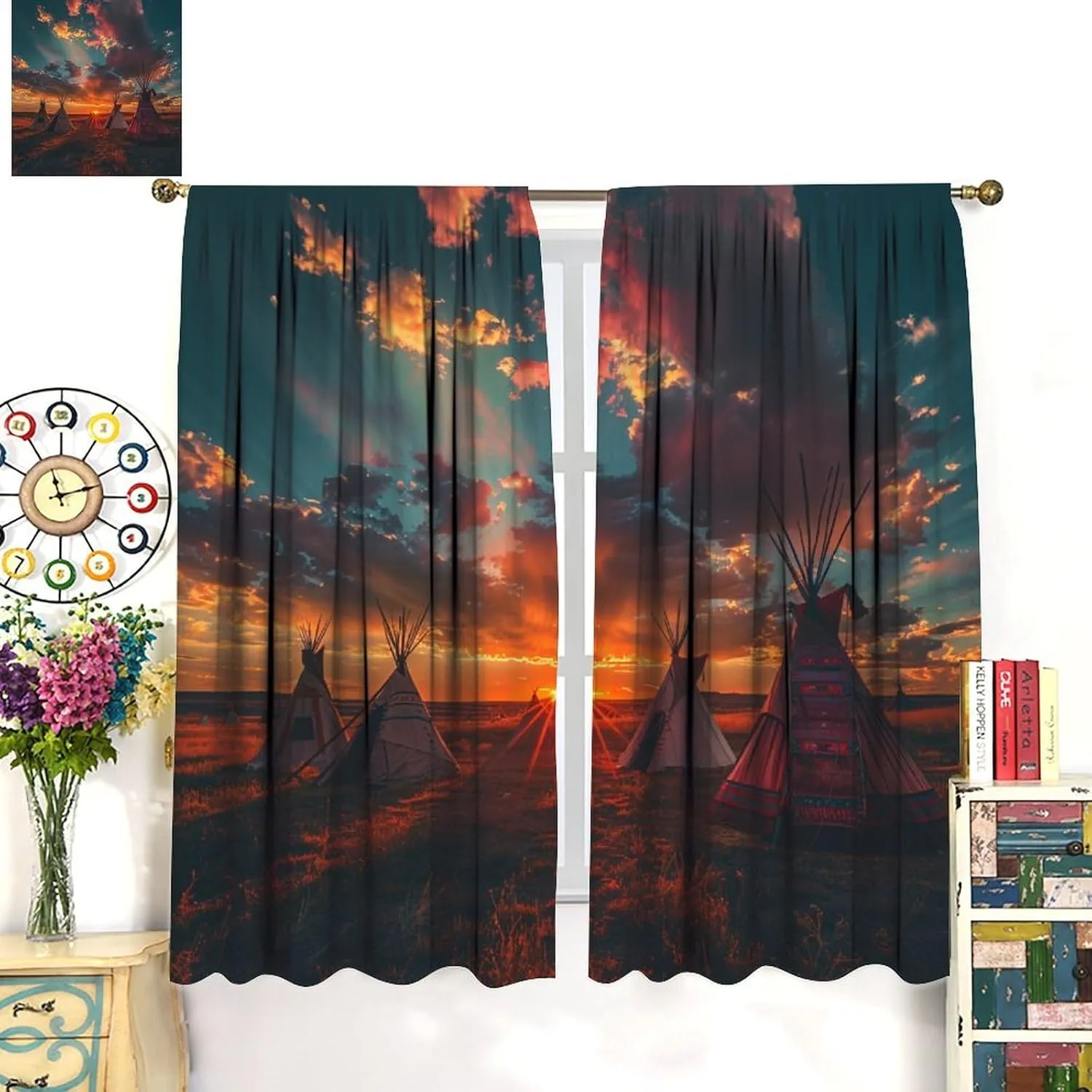 Camping Sunset Sky Blackout Curtains, Indian Tent Village Landscape Home Decor Rod Pocket Window Drapes for Living Room Bedroom- 2 Panels 63" W x 72" L