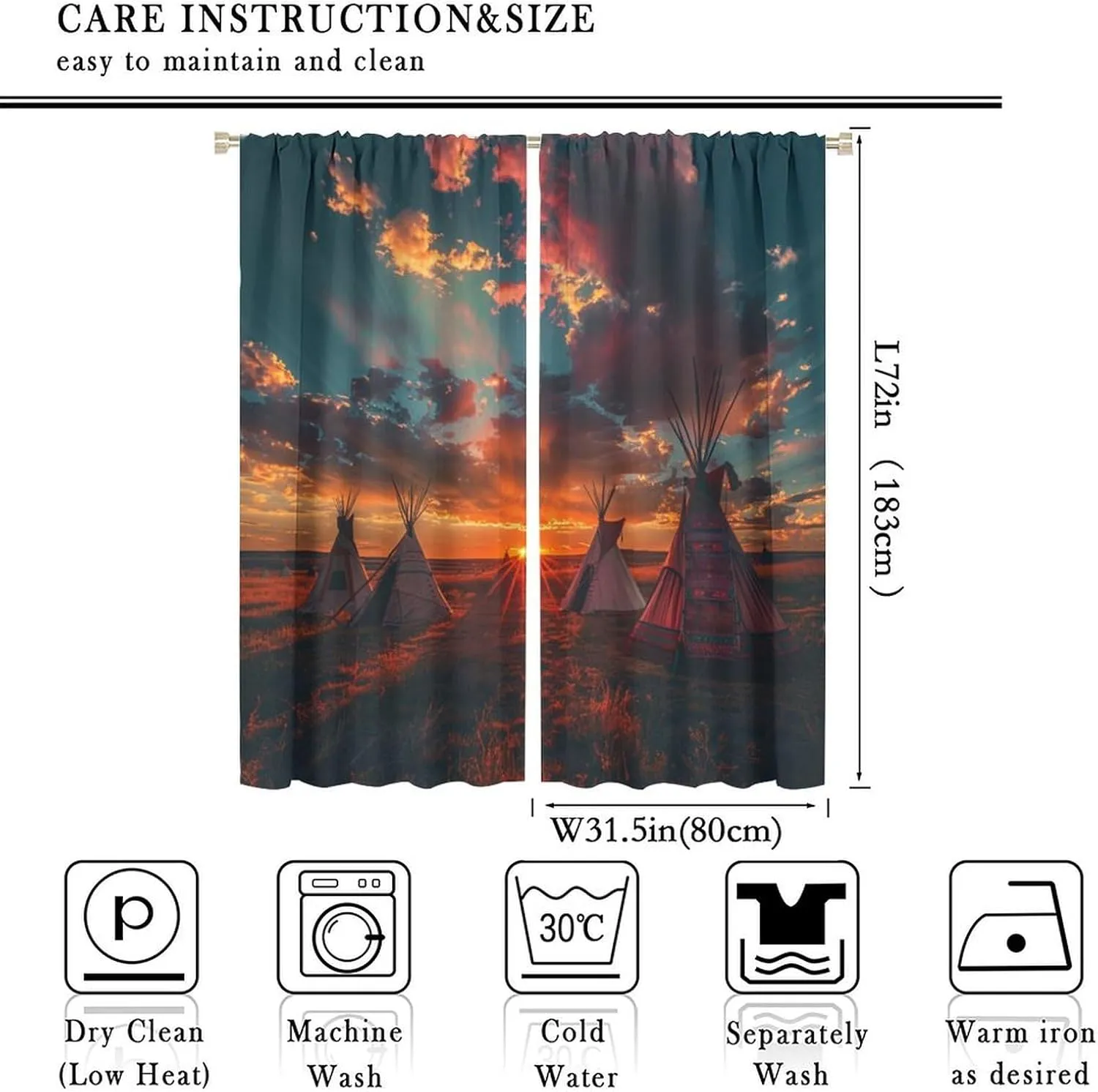 Camping Sunset Sky Blackout Curtains, Indian Tent Village Landscape Home Decor Rod Pocket Window Drapes for Living Room Bedroom- 2 Panels 63" W x 72" L