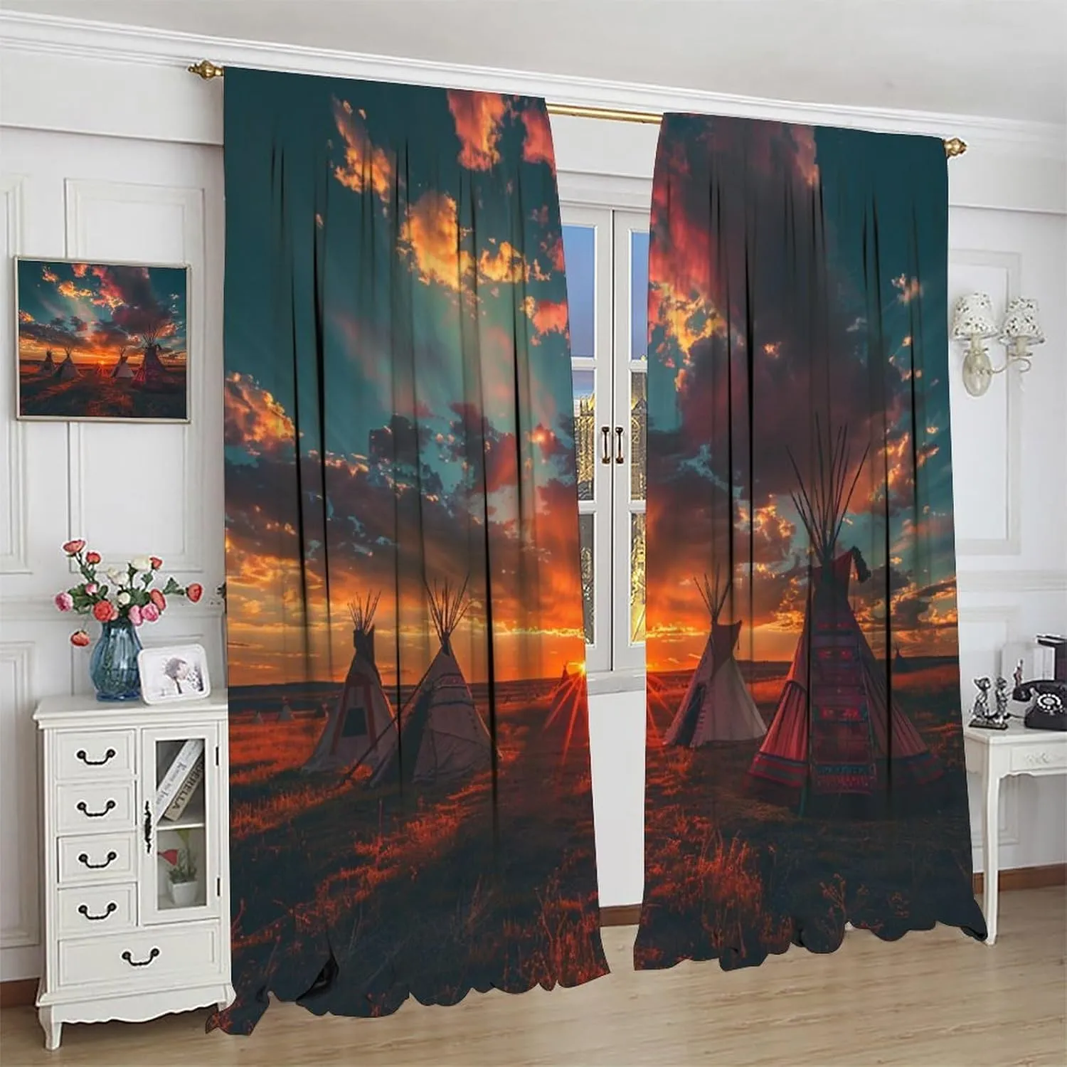 Camping Sunset Sky Blackout Curtains, Indian Tent Village Landscape Home Decor Rod Pocket Window Drapes for Living Room Bedroom- 2 Panels 63" W x 72" L