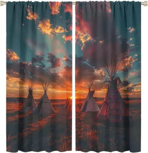 Camping Sunset Sky Blackout Curtains, Indian Tent Village Landscape Home Decor Rod Pocket Window Drapes for Living Room Bedroom- 2 Panels 63" W x 72" L