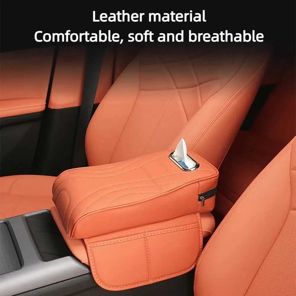 Car Armrest Cushion for Nissan Kicks 2017-2023 2024 2025, Leather Auto Center Console Pad, Memory Foam Armrest Box, Armrest Cover with Tissue Box Hole,Orange-Small