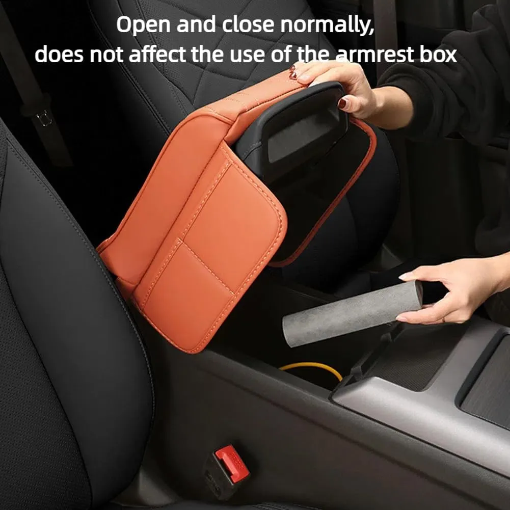 Car Armrest Cushion for Nissan Kicks 2017-2023 2024 2025, Leather Auto Center Console Pad, Memory Foam Armrest Box, Armrest Cover with Tissue Box Hole,Orange-Small