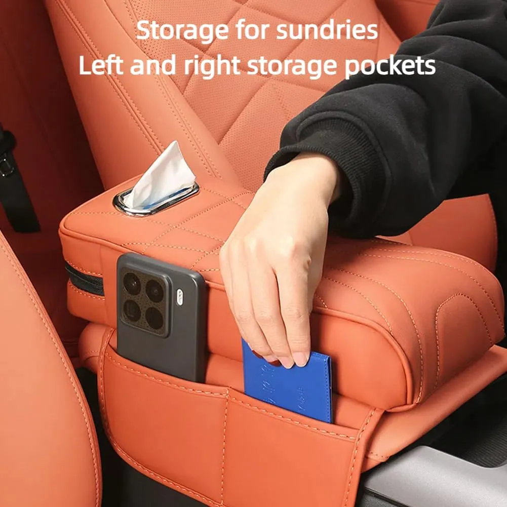 Car Armrest Cushion for Nissan Kicks 2017-2023 2024 2025, Leather Auto Center Console Pad, Memory Foam Armrest Box, Armrest Cover with Tissue Box Hole,Orange-Small