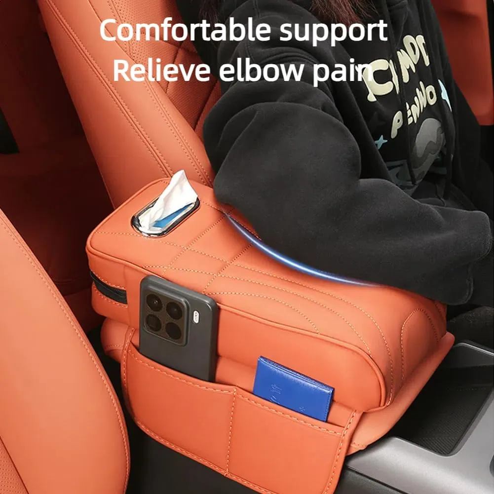 Car Armrest Cushion for Nissan Kicks 2017-2023 2024 2025, Leather Auto Center Console Pad, Memory Foam Armrest Box, Armrest Cover with Tissue Box Hole,Orange-Small