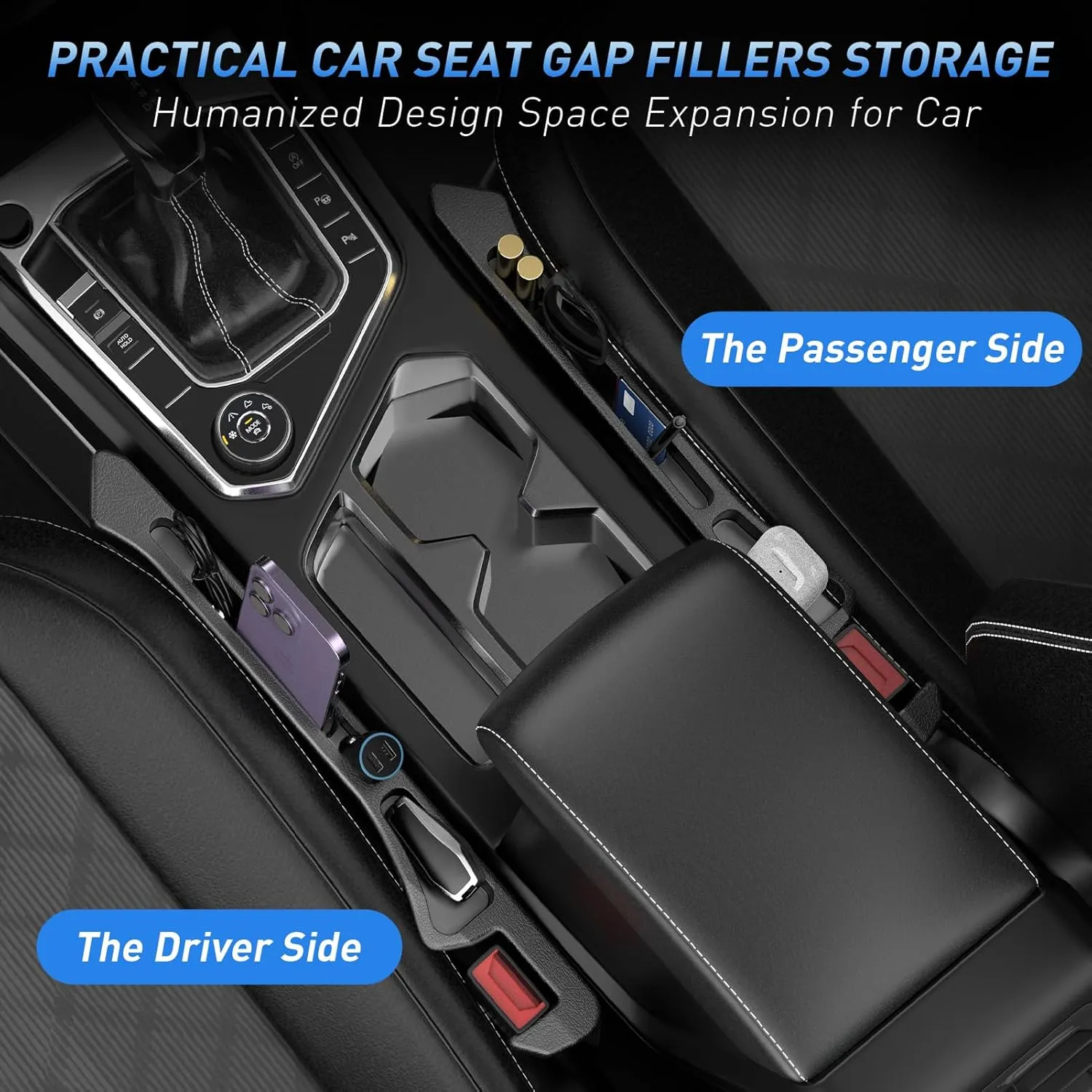 Car Seat Gap Filler 2Pack, Inserts Between Seats Console with Organizer Storage Upgraded Phone Holder Car Side Seat Gap Fillers Cars Front Seats Fill Plug Car Essentials for Vehicle SUV Truck (Black)