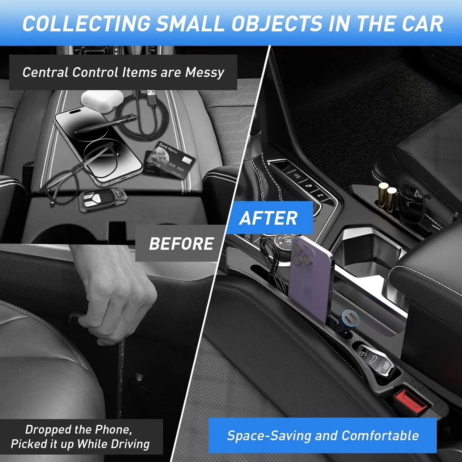 Car Seat Gap Filler 2Pack, Inserts Between Seats Console with Organizer Storage Upgraded Phone Holder Car Side Seat Gap Fillers Cars Front Seats Fill Plug Car Essentials for Vehicle SUV Truck (Black)