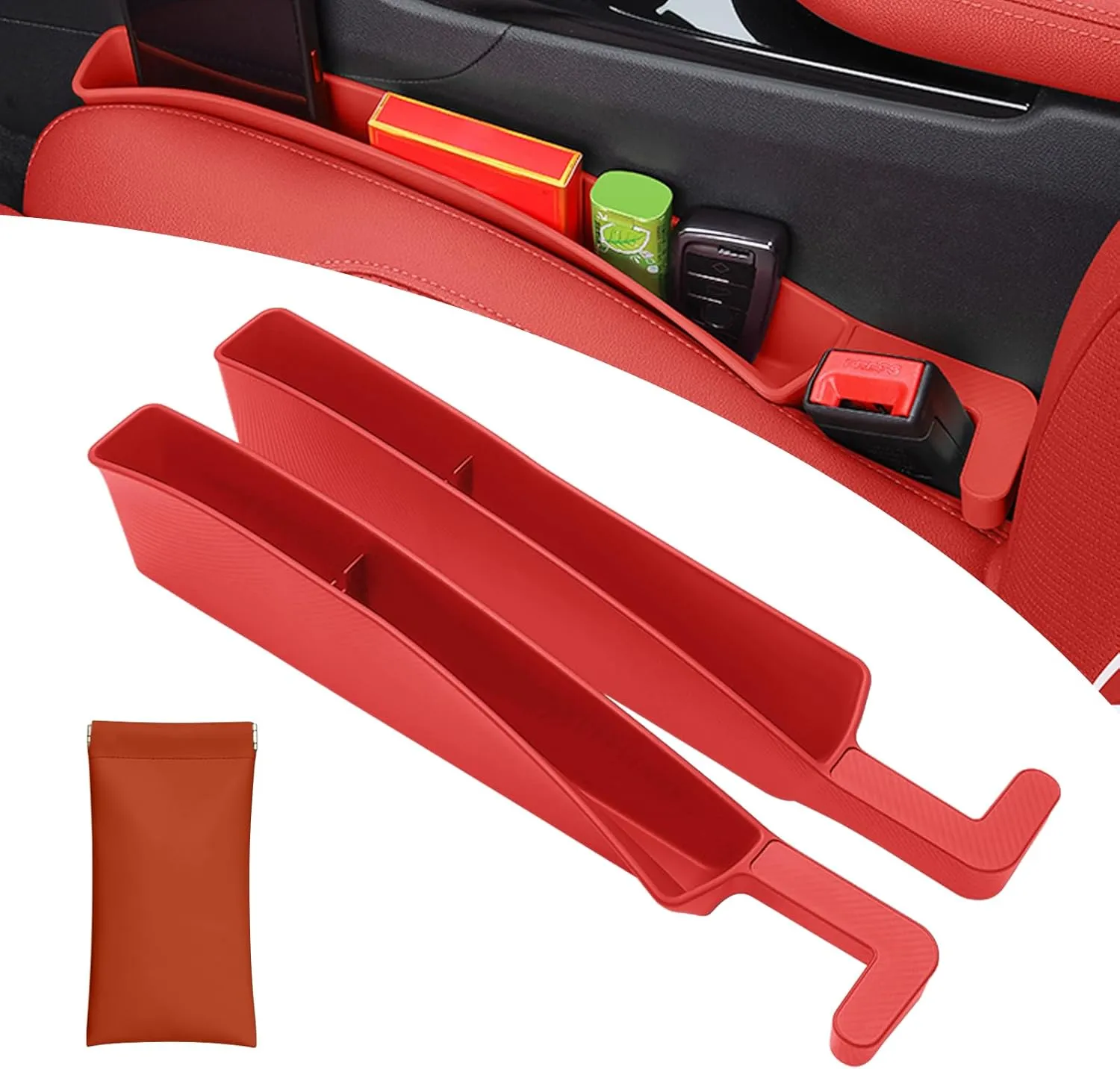 Car Seat Gap Filler Organizer 2 Pack, Gap Filler Organizer for Auto with Storage Pouch, SUV & Sedan Suitable, Coins, Glasses, Keys (Red)
