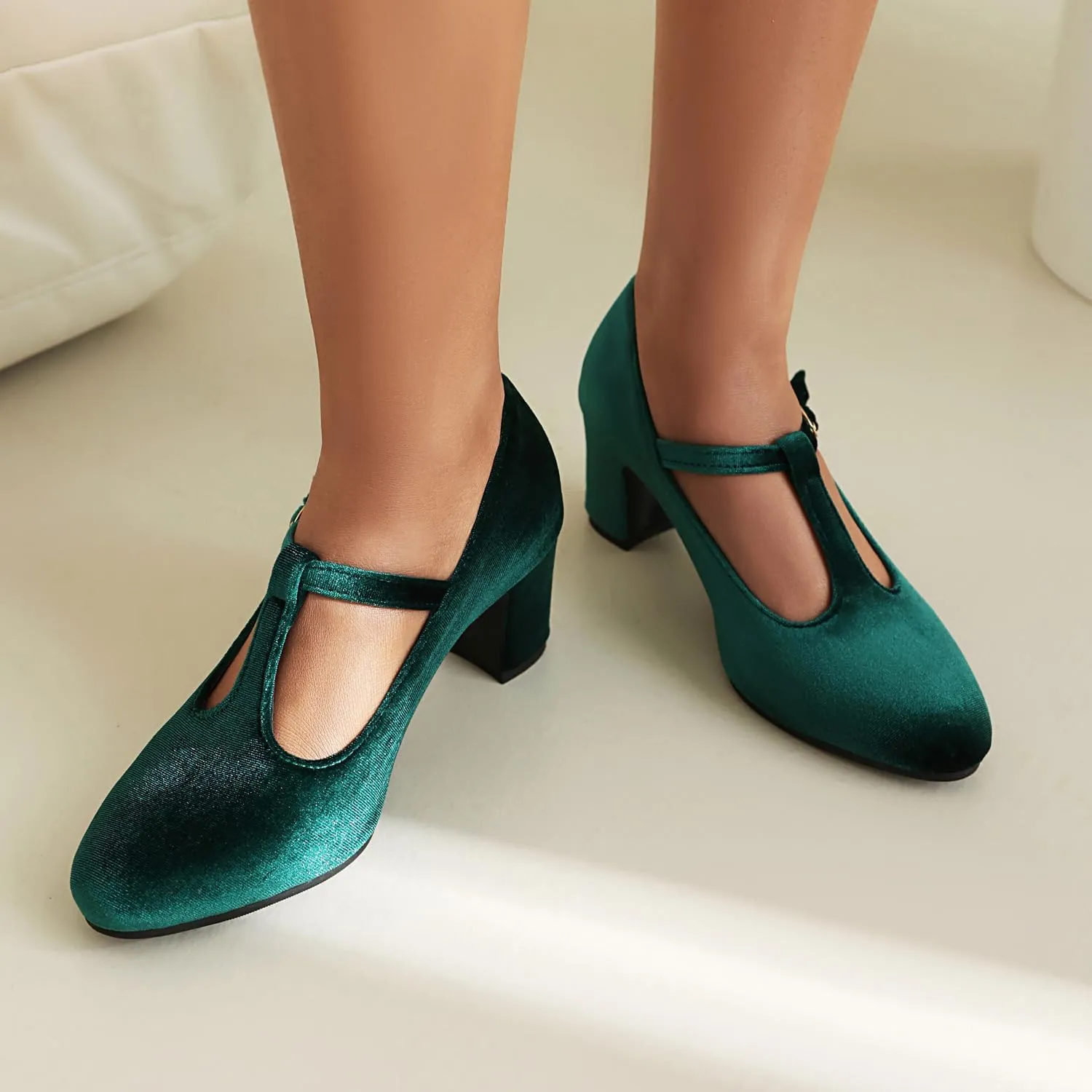 Caradise Women's T-Strap Buckle Mary Jane Chunky Block Heel Vintage Wedding Party Casual Dress Pump Shoes