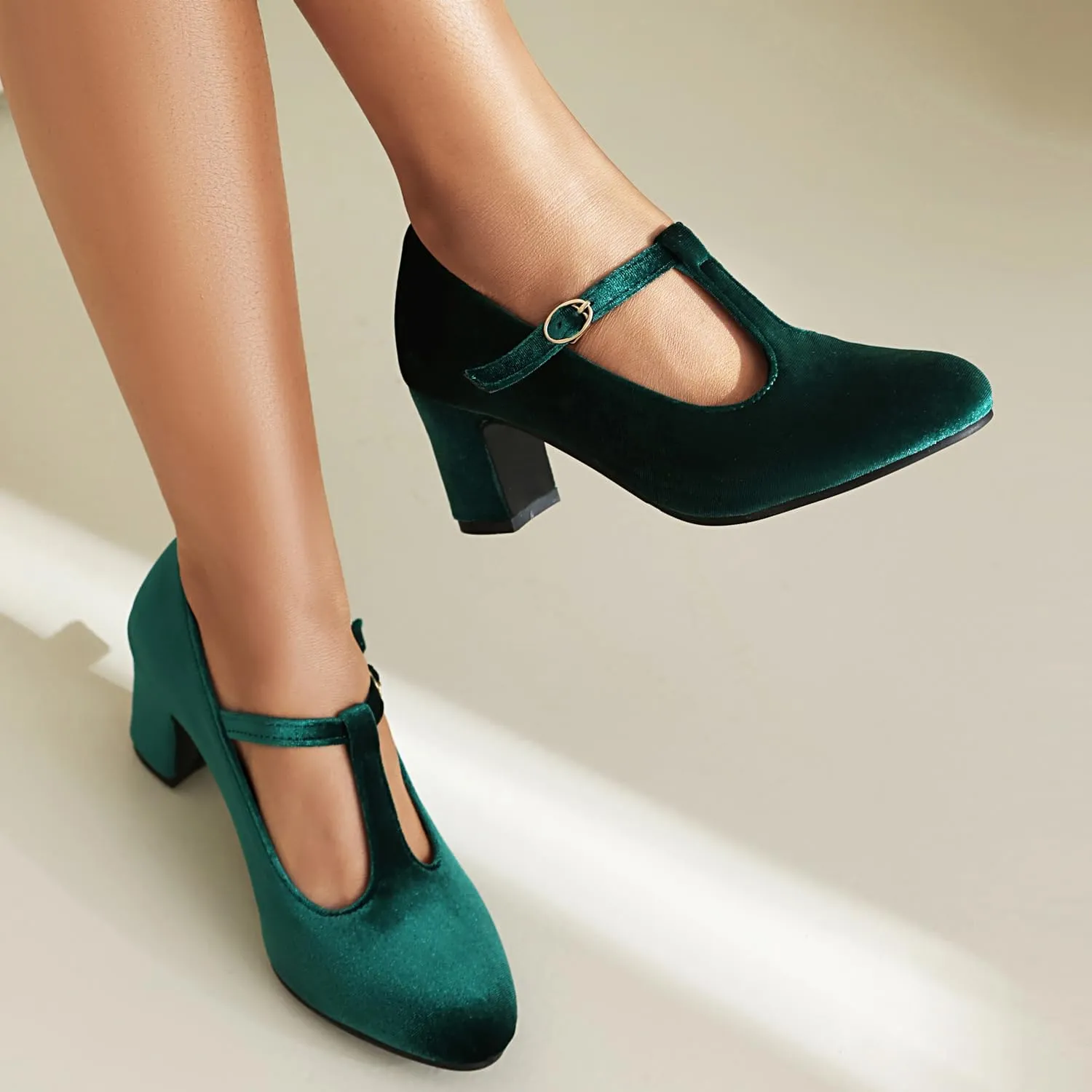 Caradise Women's T-Strap Buckle Mary Jane Chunky Block Heel Vintage Wedding Party Casual Dress Pump Shoes
