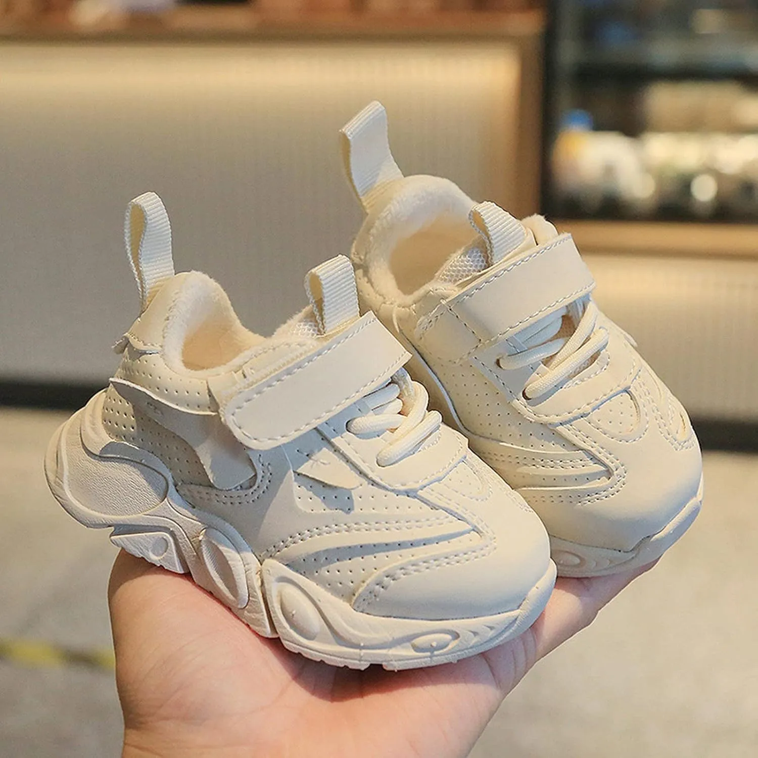 Child Sneaker Spring and Autumn New Solid Color Plus Velvet Breathable Non Slip Children's Casual Sports Shoes (White, 7 Toddler)