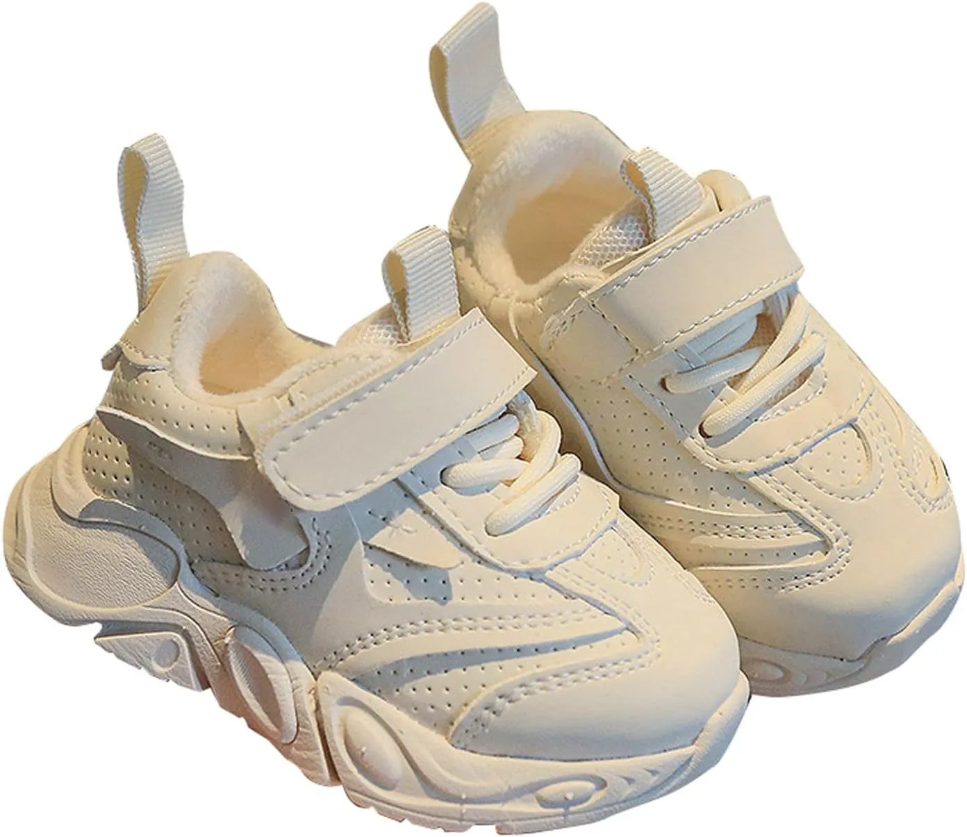 Child Sneaker Spring and Autumn New Solid Color Plus Velvet Breathable Non Slip Children's Casual Sports Shoes (White, 7 Toddler)