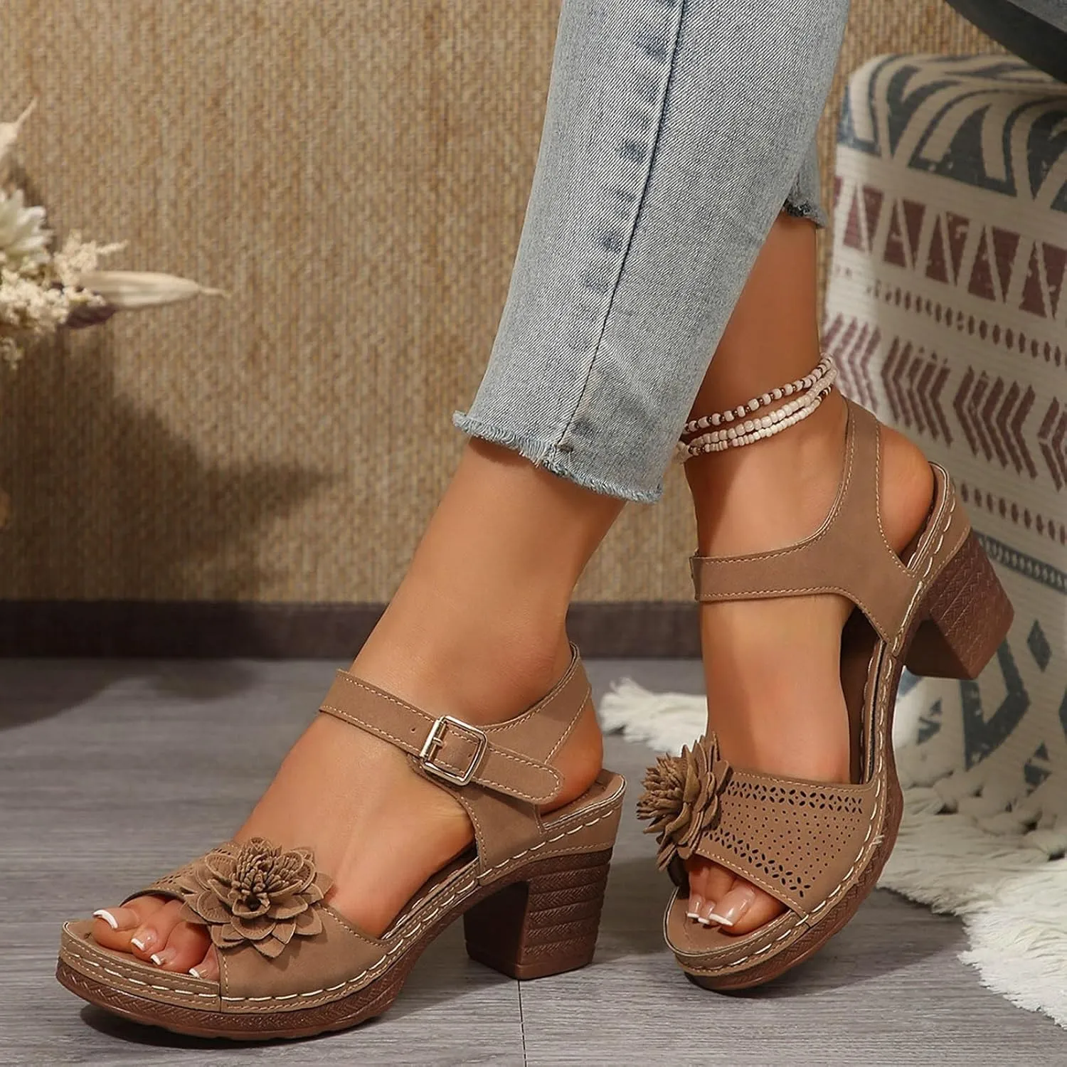 Chunky Sandals for Women Dressy Low Wedge Heels Sandal Comfortable Platform Summer Casual Shoes Arch Support Ankle Strap Wedge Sandals Hollow Out Open Toe Breathable Shoe