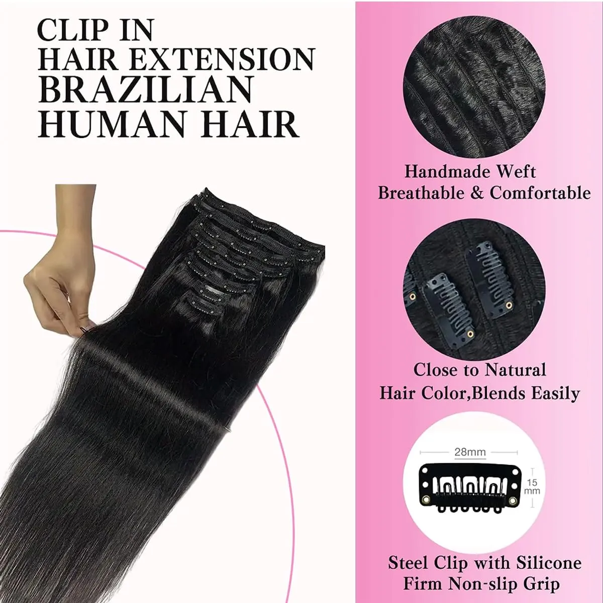 Clip in Hair Extensions Straight Natural Curl 100% Unprocessed Brazilian Human Hair for Black Women Natural Black Color 8pcs 120g/set 14 Inches