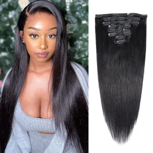 Clip in Hair Extensions Straight Natural Curl 100% Unprocessed Brazilian Human Hair for Black Women Natural Black Color 8pcs 120g/set 14 Inches