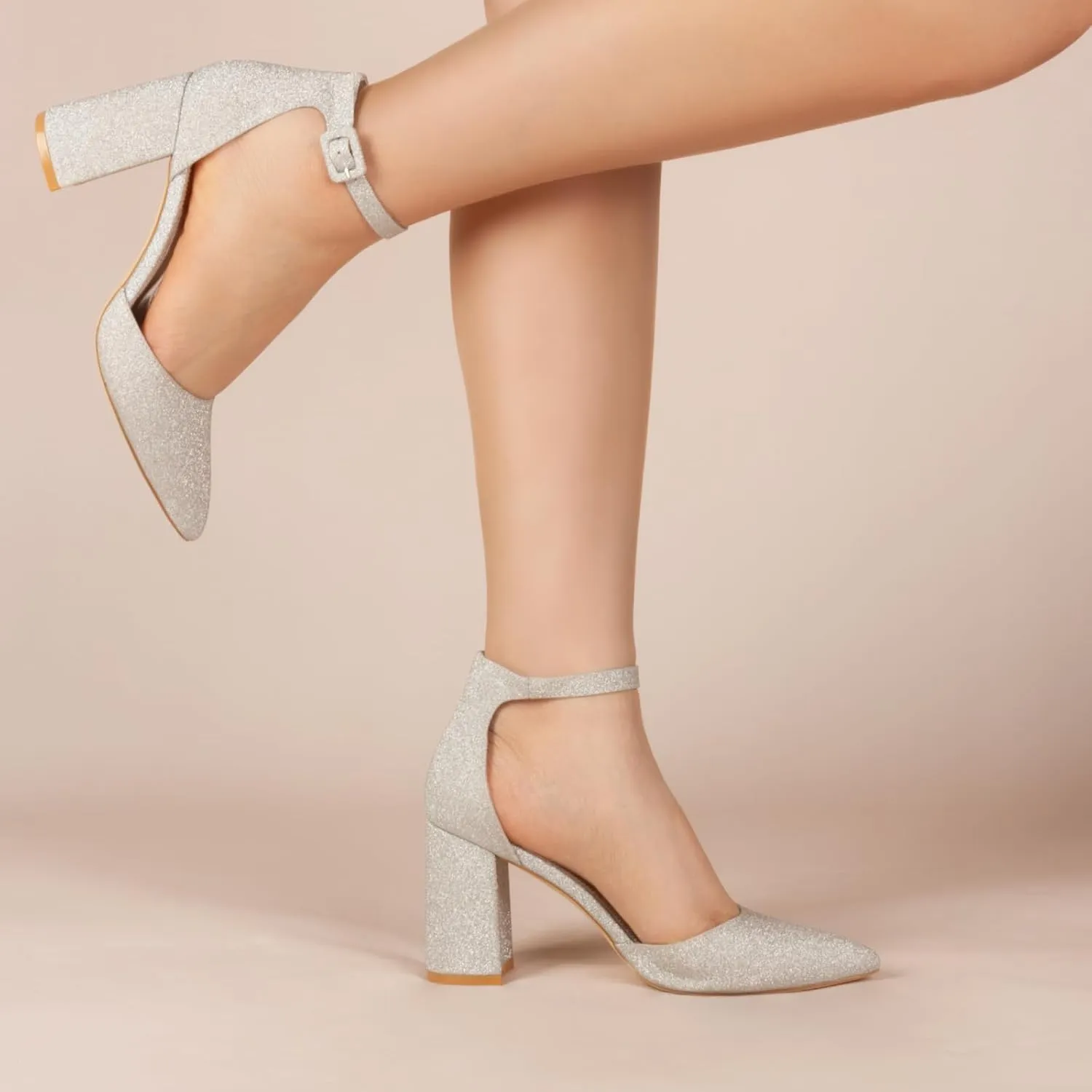 Closed Toe Heels Pumps Women High Block Chunky Heeled Pointed Toed Ankle Strap Pump Shoes Office Wedding Casual Dance Glitter Pumps Shoes for Lady Size 6-10