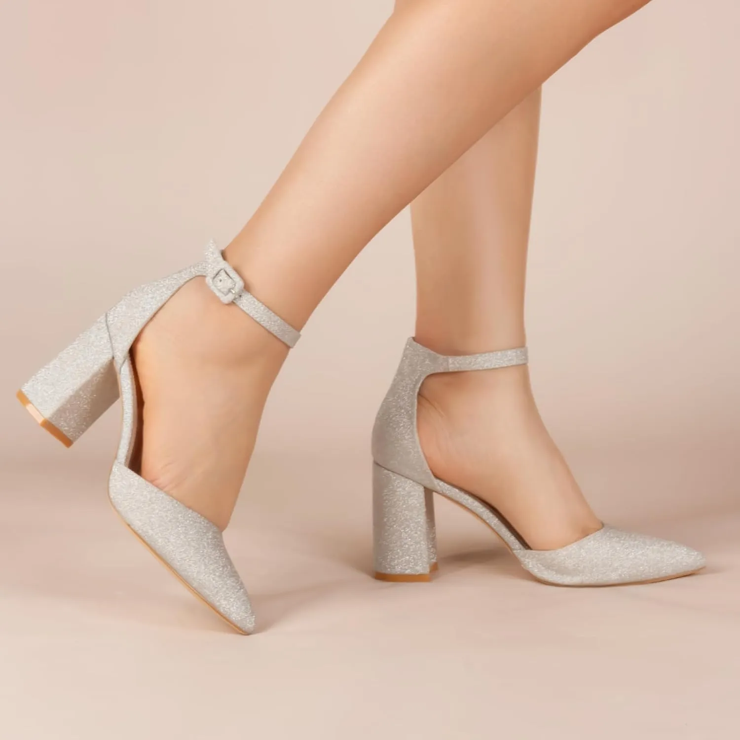 Closed Toe Heels Pumps Women High Block Chunky Heeled Pointed Toed Ankle Strap Pump Shoes Office Wedding Casual Dance Glitter Pumps Shoes for Lady Size 6-10