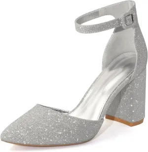 Closed Toe Heels Pumps Women High Block Chunky Heeled Pointed Toed Ankle Strap Pump Shoes Office Wedding Casual Dance Glitter Pumps Shoes for Lady Size 6-10