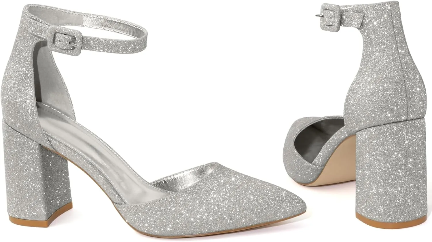 Closed Toe Heels Pumps Women High Block Chunky Heeled Pointed Toed Ankle Strap Pump Shoes Office Wedding Casual Dance Glitter Pumps Shoes for Lady Size 6-10