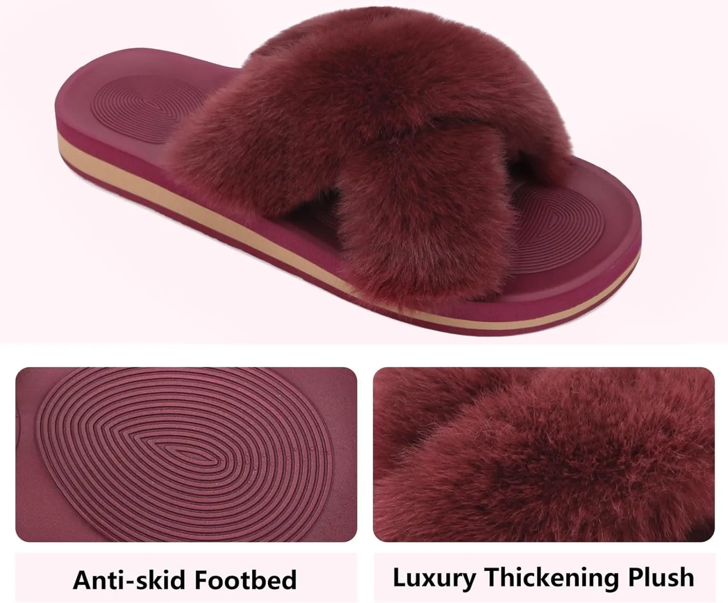 COFACE Womens Fuzzy Slides Fluff Faux Fur Cross Slippers Open Toe Yoga Mat House Slippers Sandals With Arch Support For Indoor/Outdoor