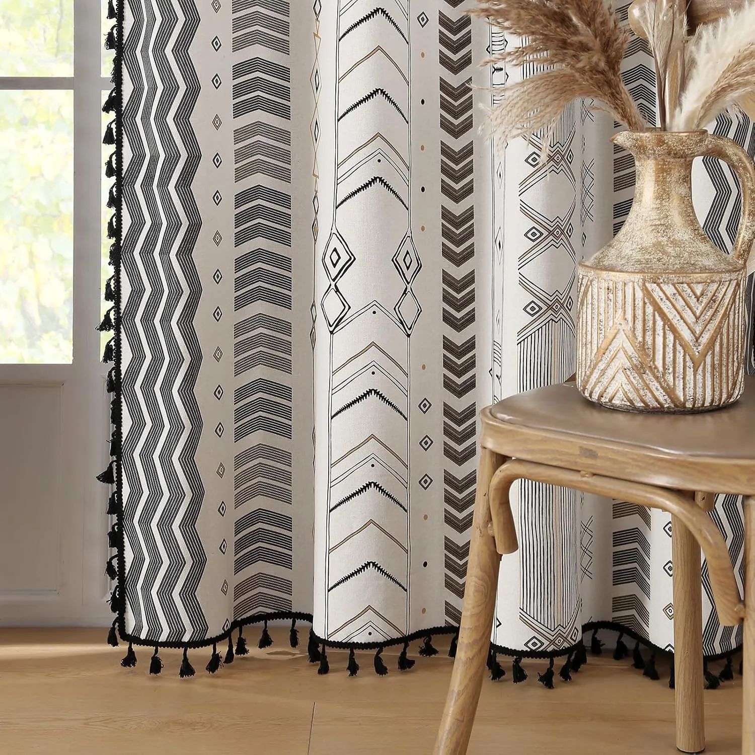 ColorBird 100% Boho Blackout Curtains 2 Panels 84 Inch Black White Western Southwest Linen Texture Thermal Black Out Curtain for Living Room Bedroom