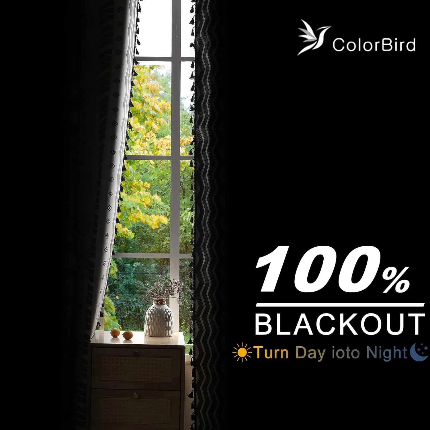 ColorBird 100% Boho Blackout Curtains 2 Panels 84 Inch Black White Western Southwest Linen Texture Thermal Black Out Curtain for Living Room Bedroom